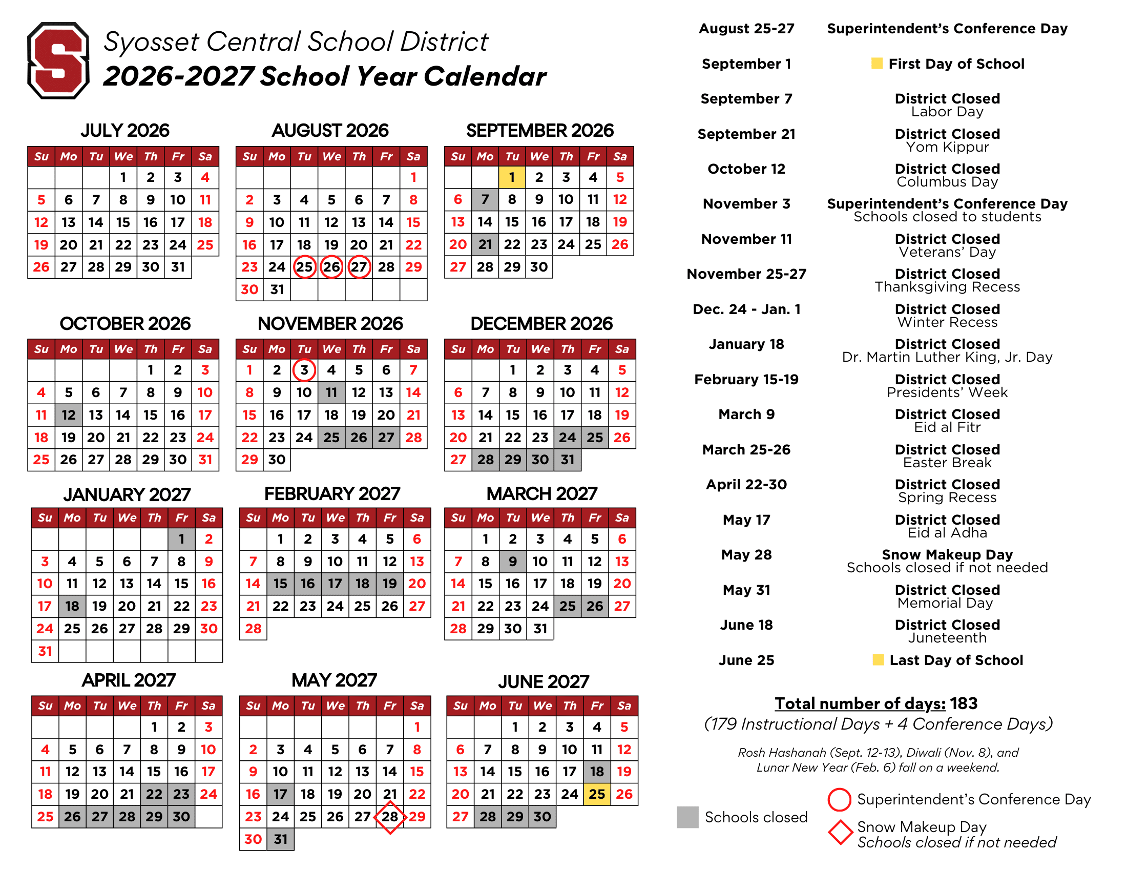 Syosset Central School District Calendar 26-27 Revised