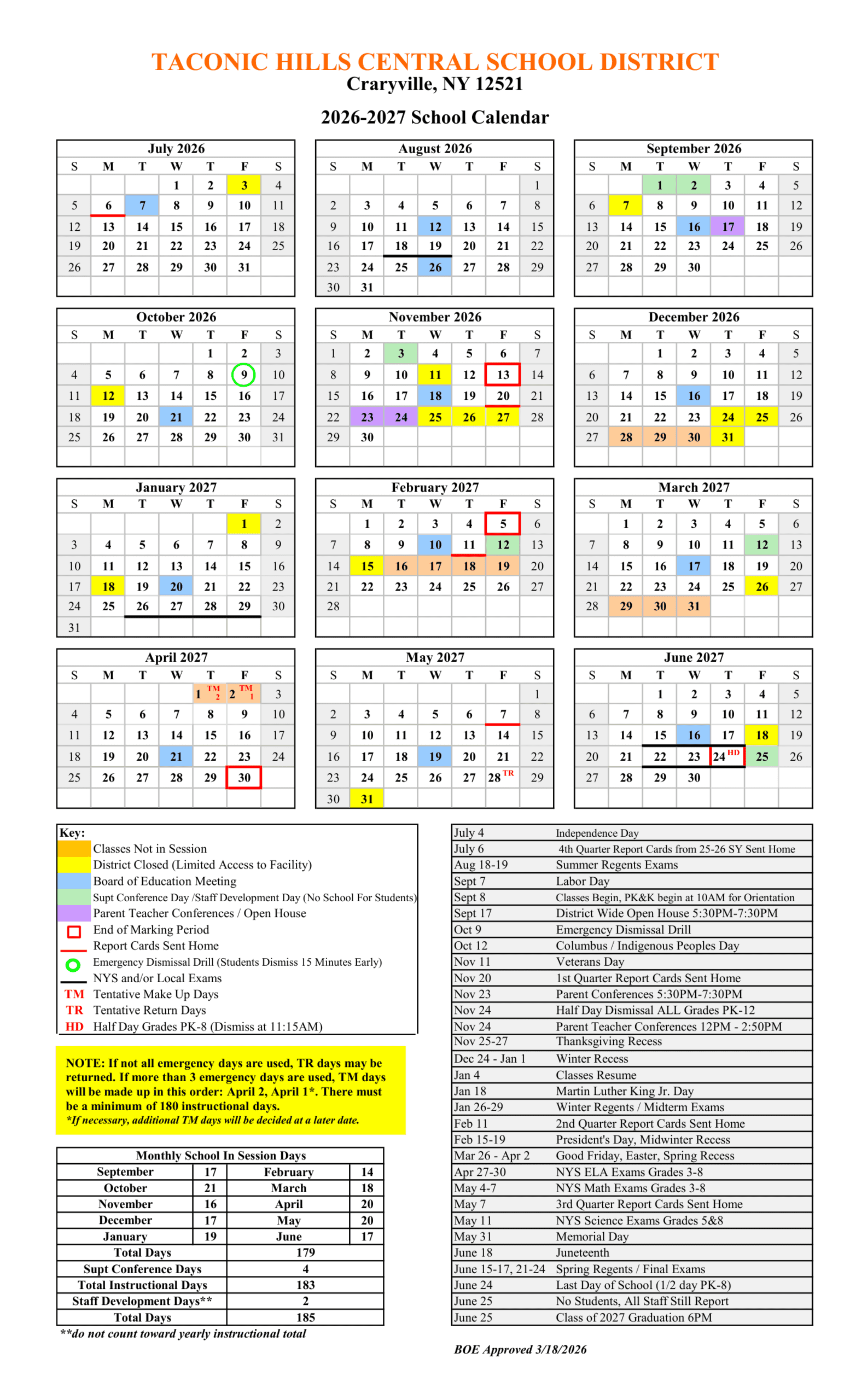 Taconic Hills Central School District Calendar 26-27 Revised