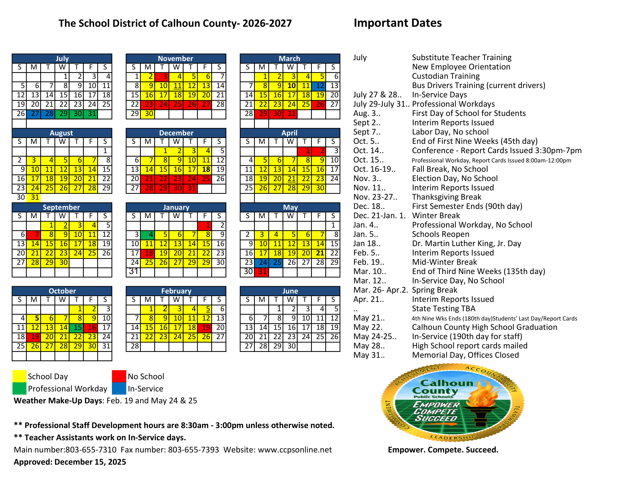 The School District of Calhoun County Calendar 26-27 Revised