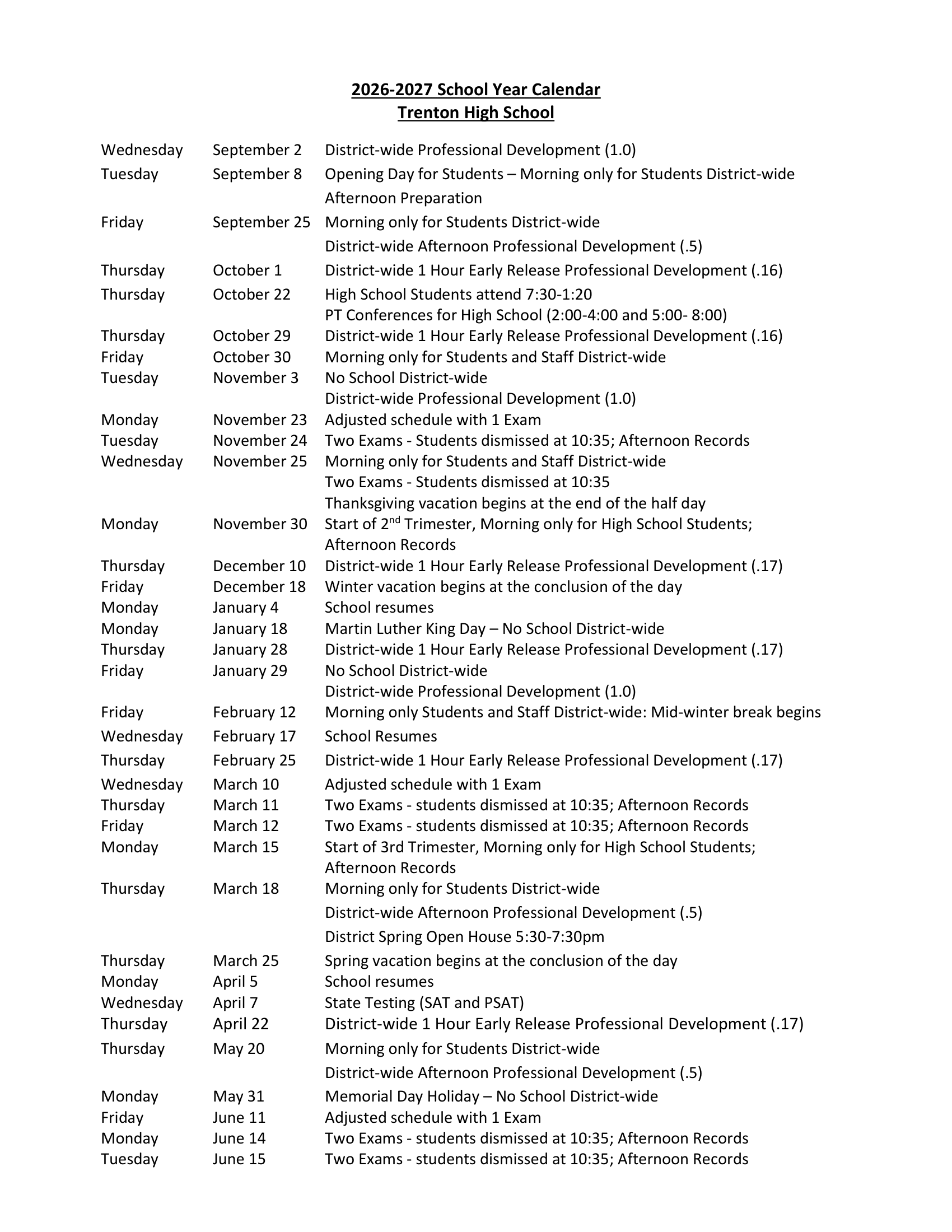 Trenton High School Calendar 26-27 Revised