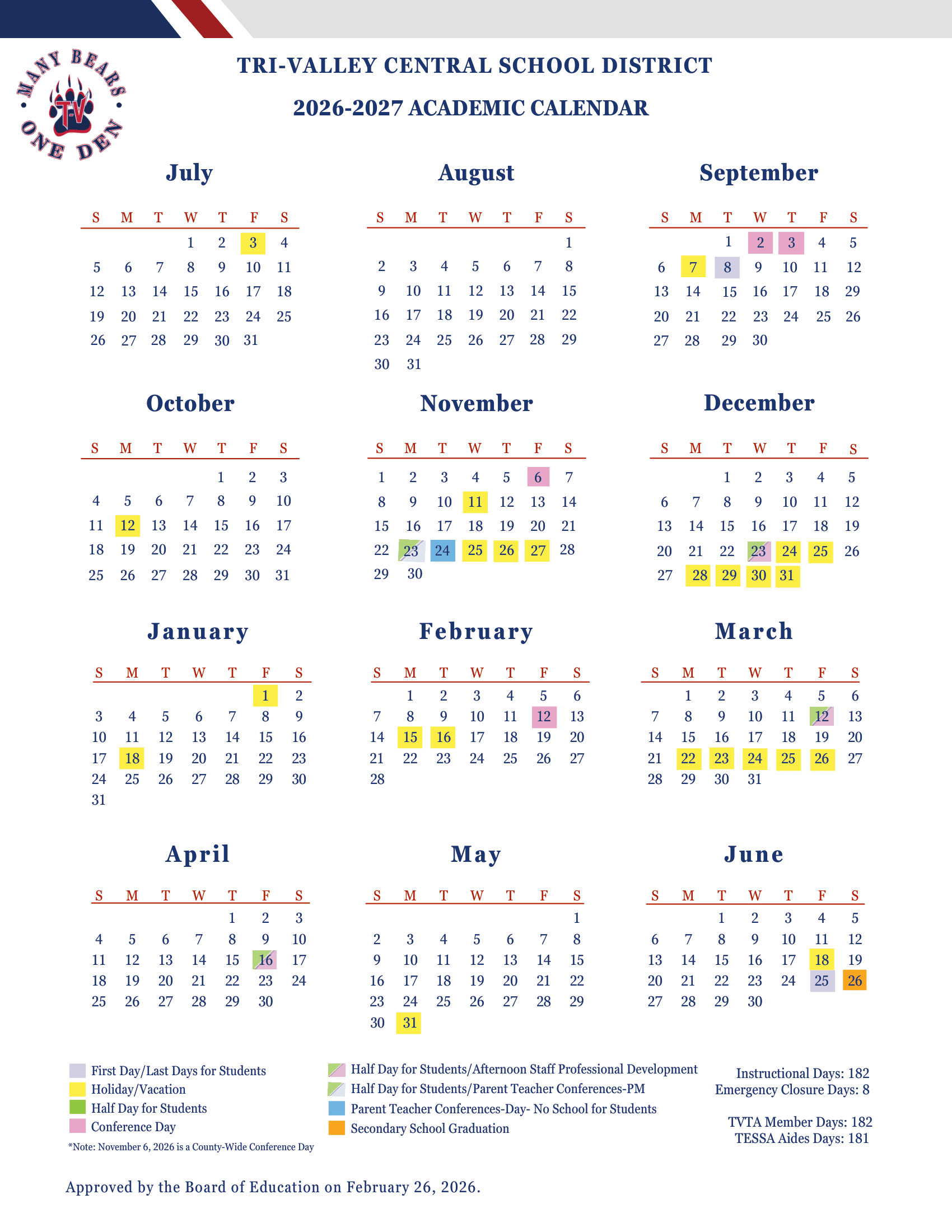Tri-Valley Central School District Calendar 26-27 Revised
