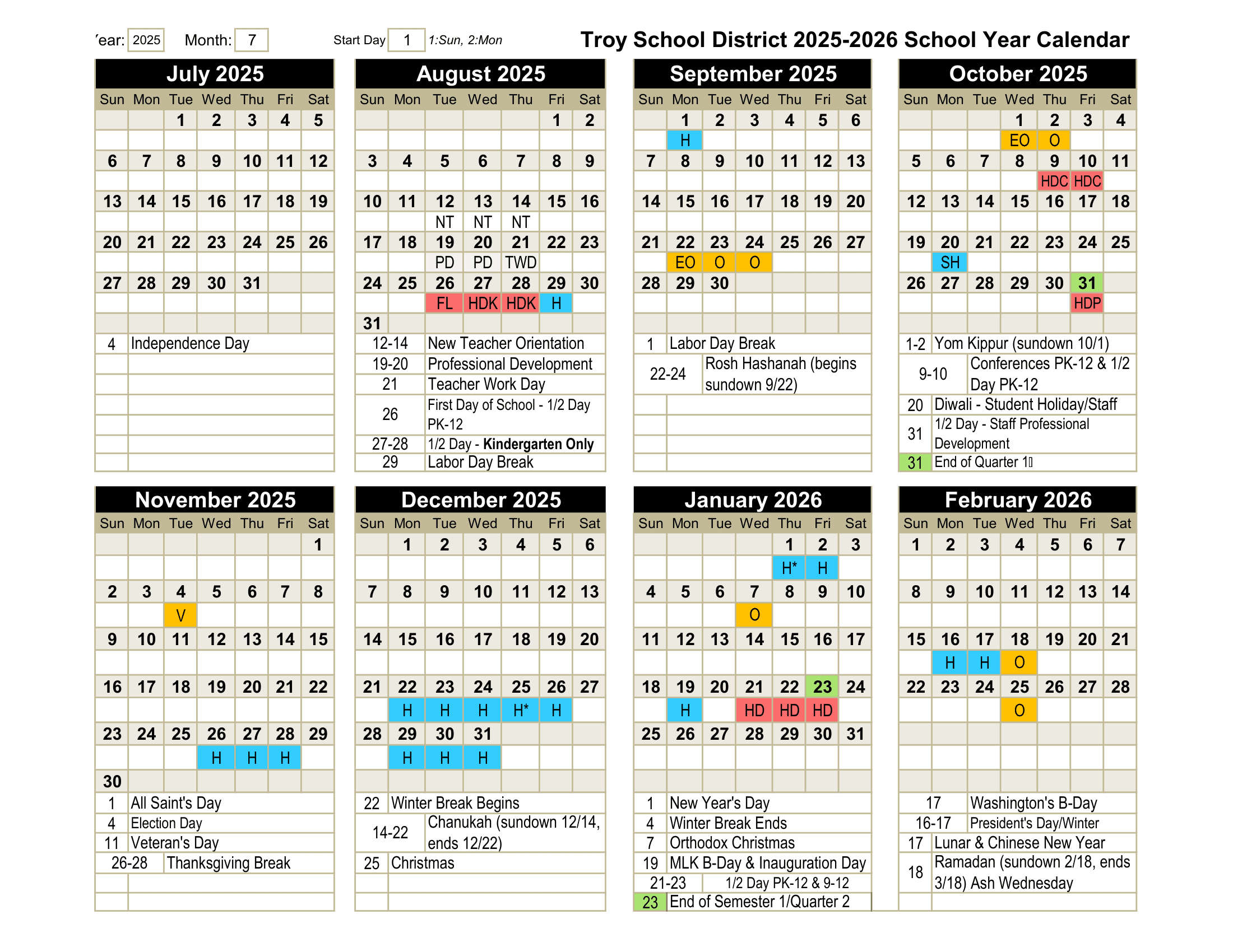 Troy School District Calendar 25-26 Revised