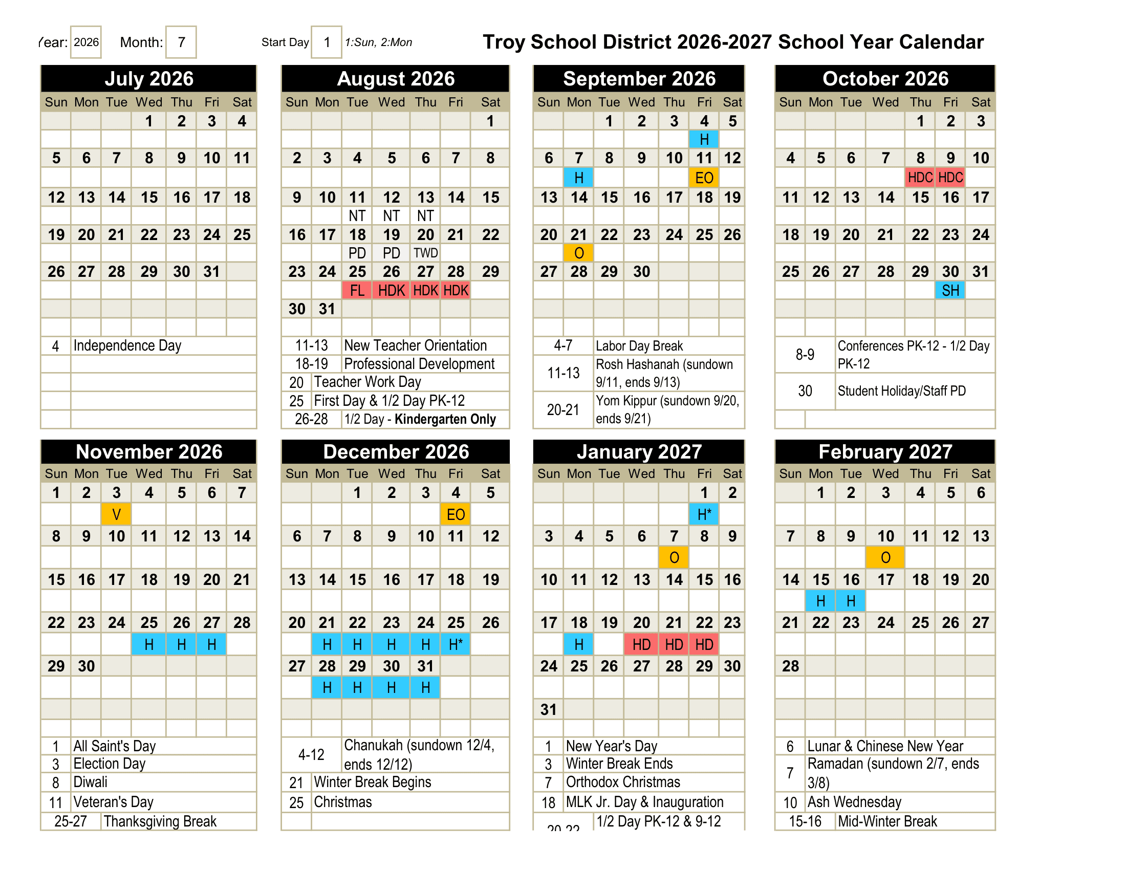 Troy School District Calendar 25-26 Revised