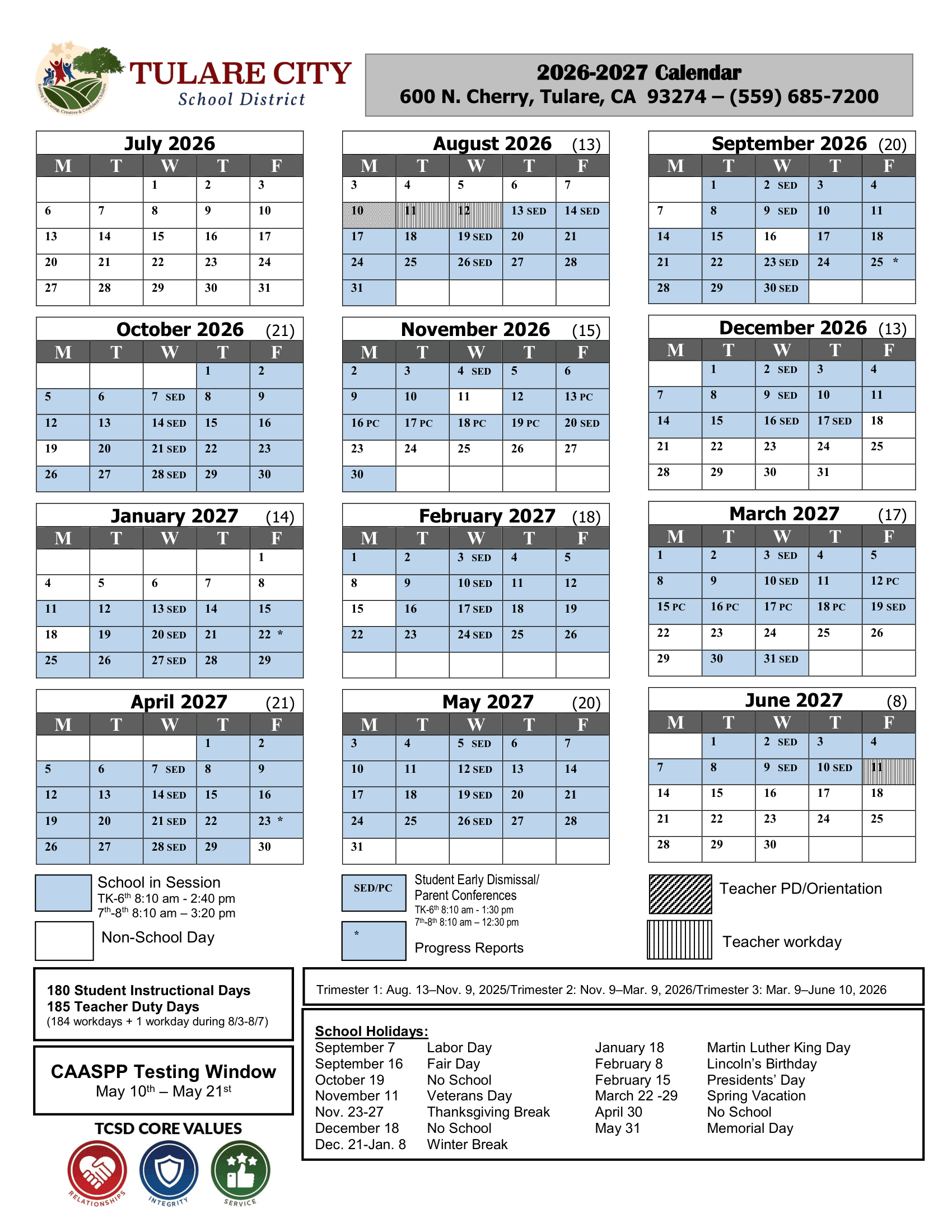 Tulare City School District Calendar 26-27 Revised