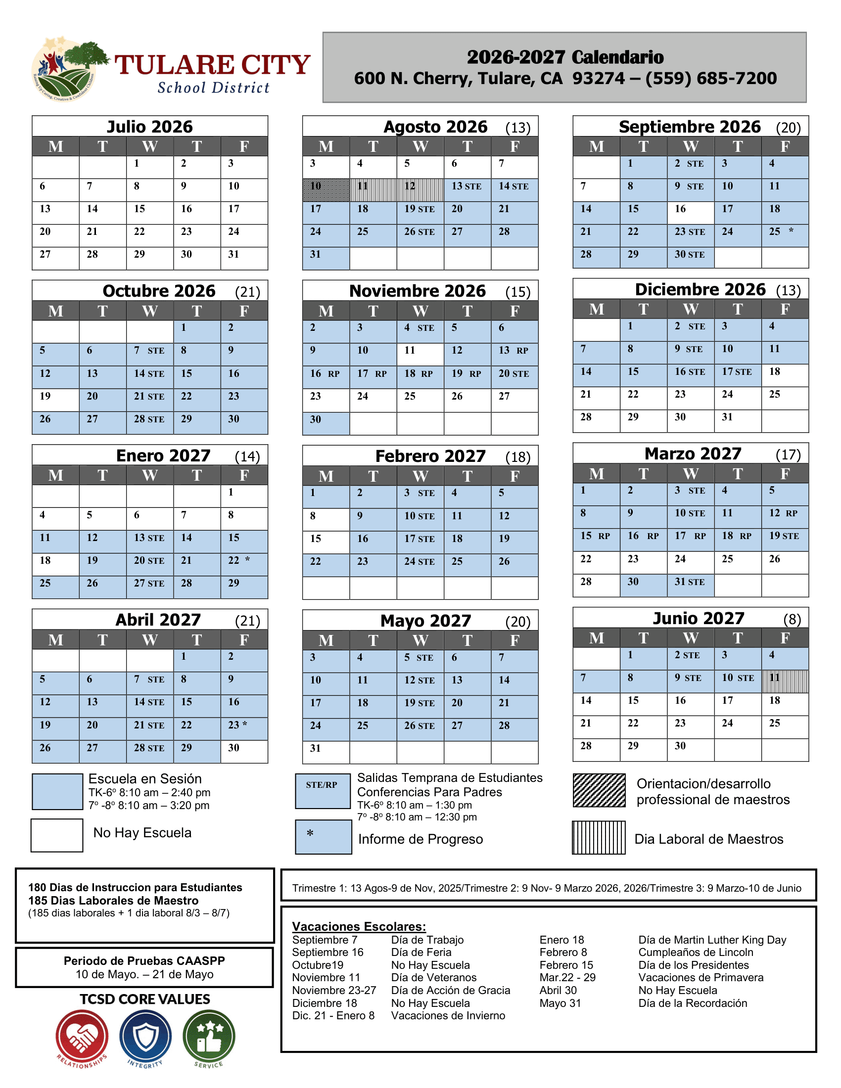 Tulare City School District Calendar 26-27 Revised