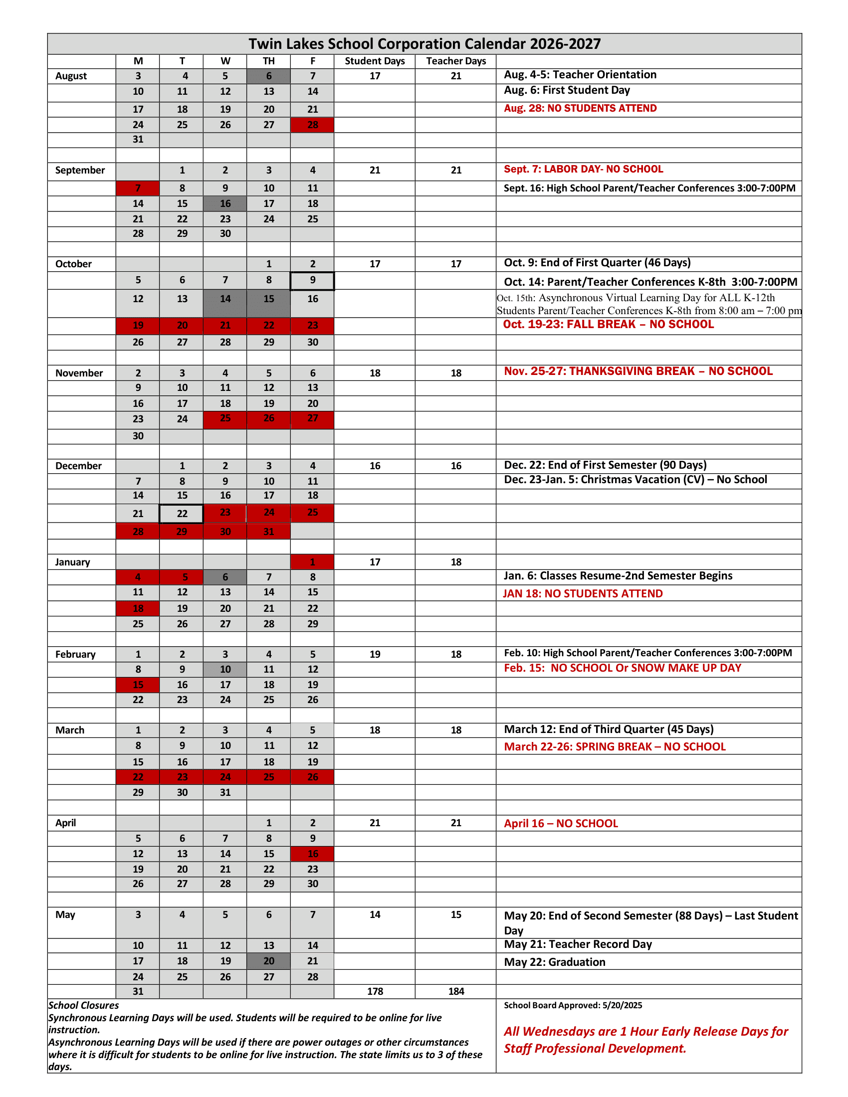 Twin Lakes School Corporation Calendar 26-27 Revised