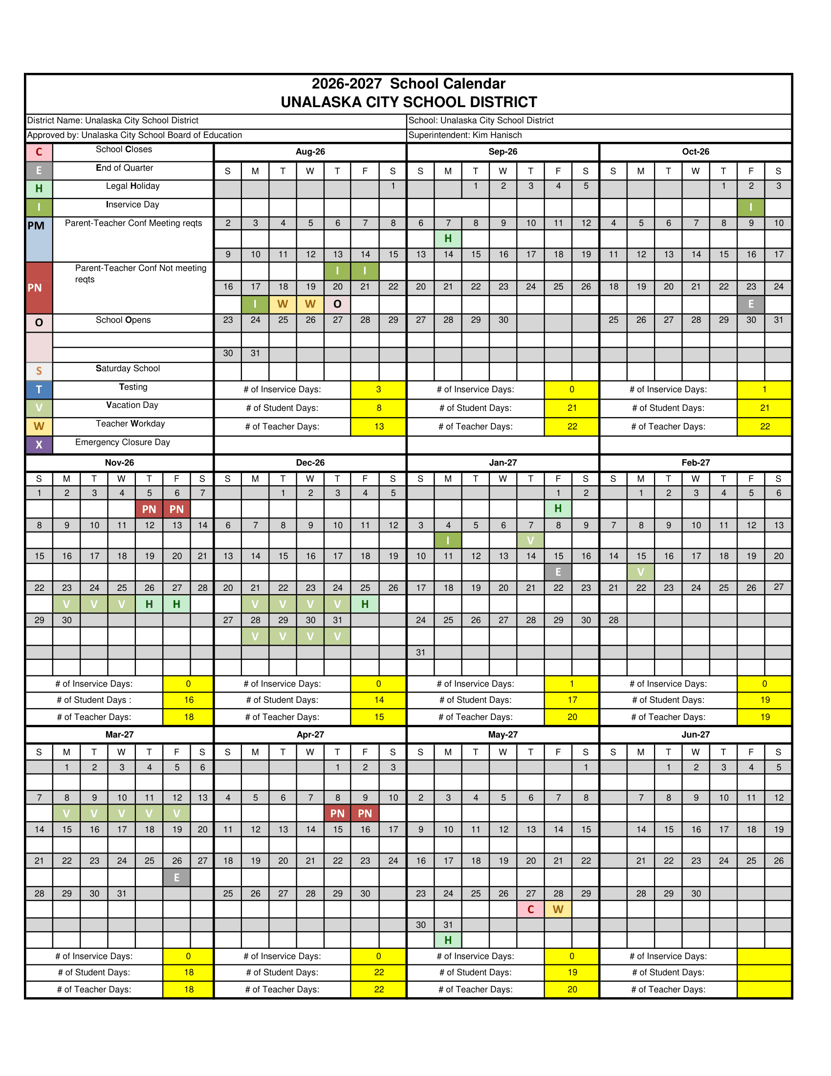 Unalaska City School District Calendar 26-27 Revised