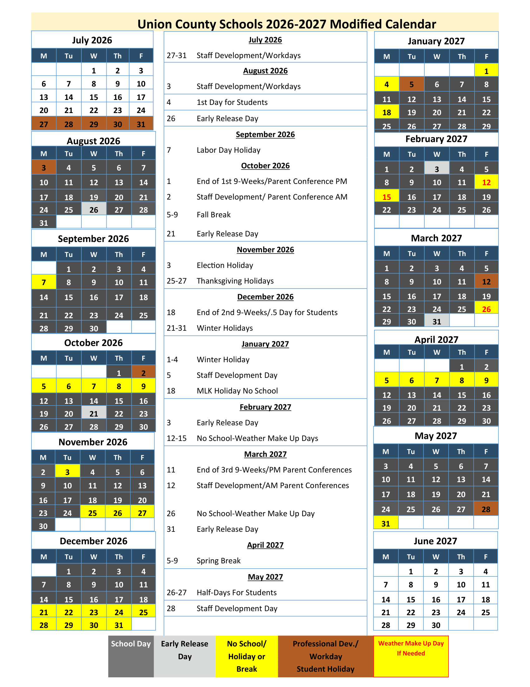 Union County Schools Calendar 26-27 Revised