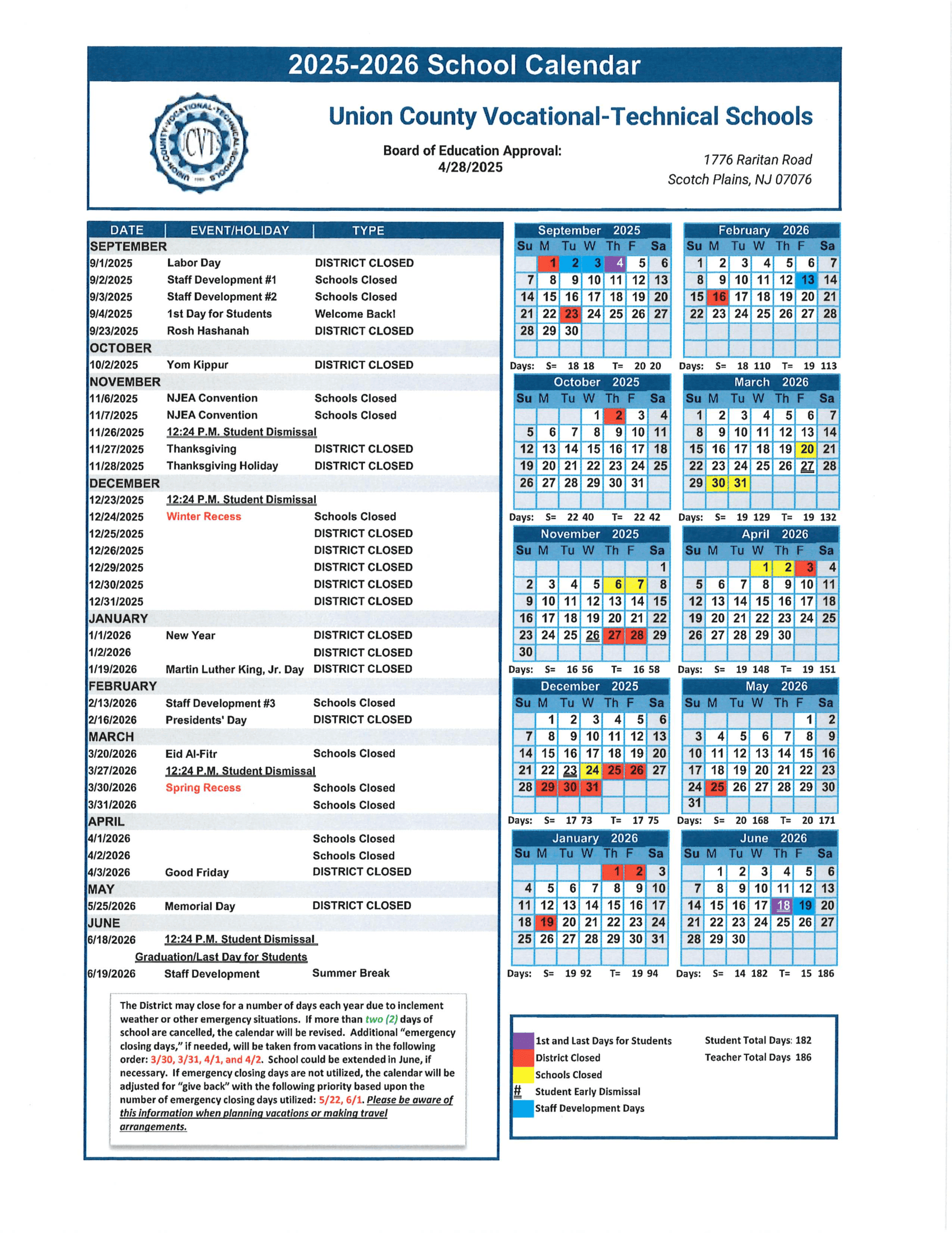 Union County Vocational-Technical Schools Calendar 25-26 Revised