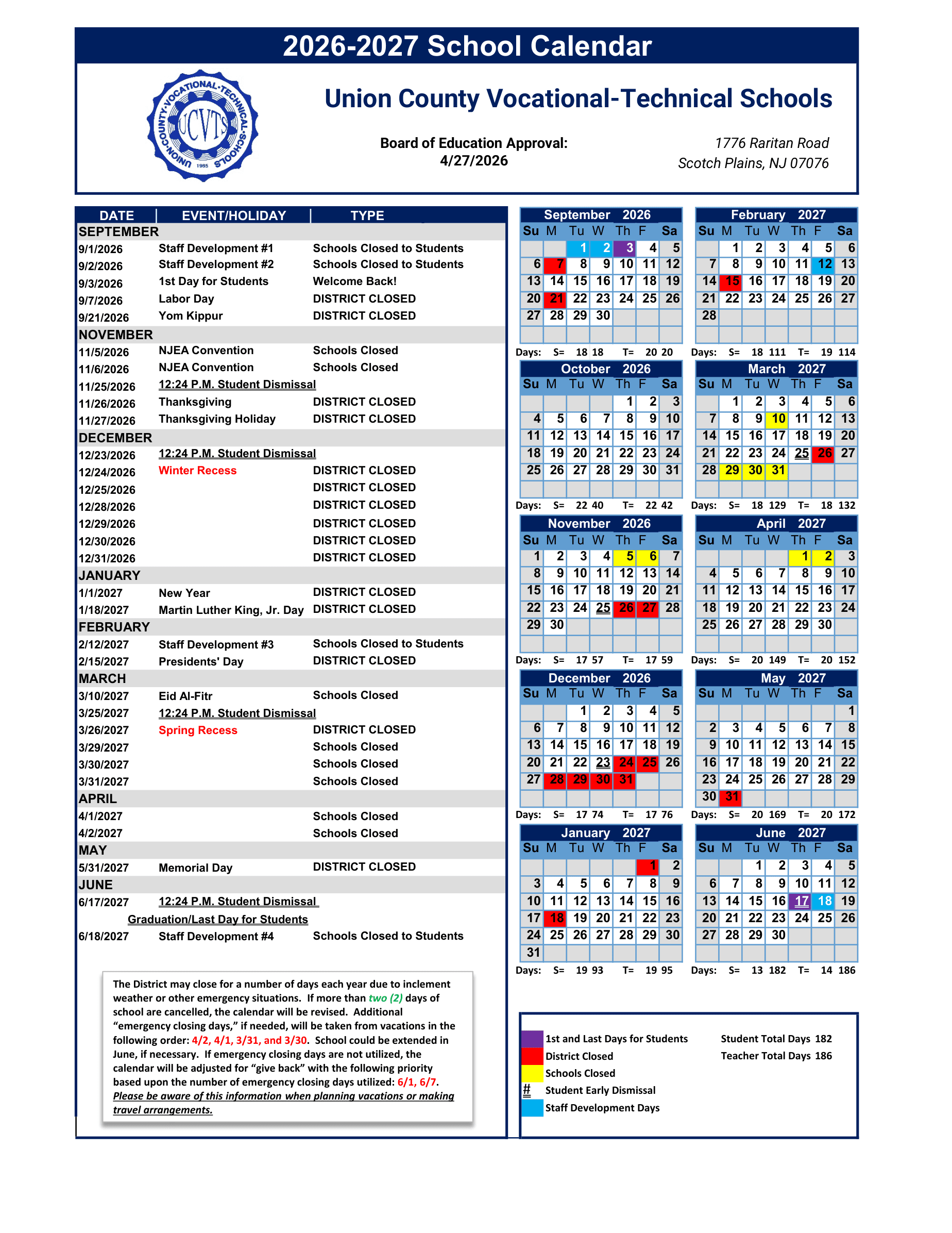 Union County Vocational-Technical Schools Calendar 25-26 Revised
