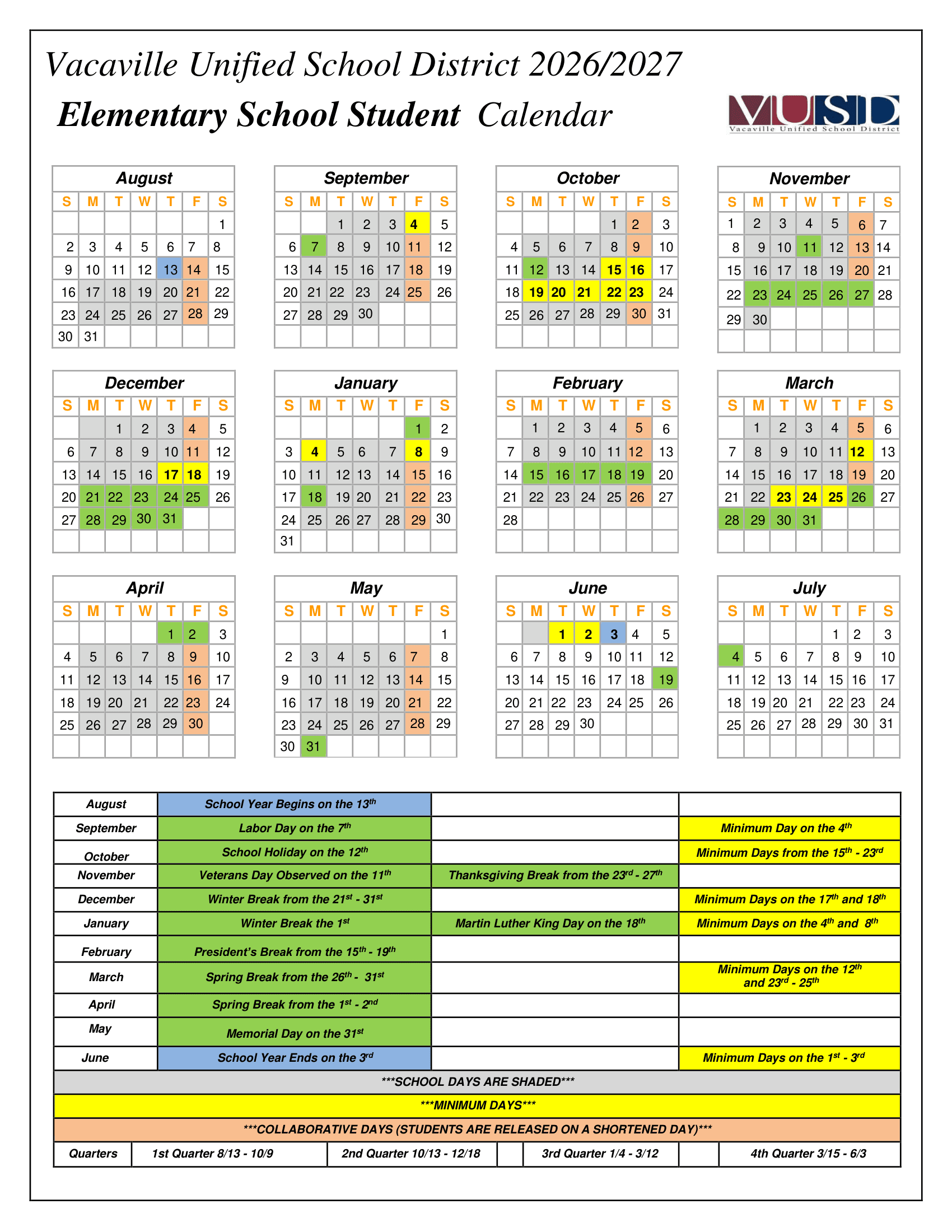 Vacaville Unified School District Calendar 26-27 Revised