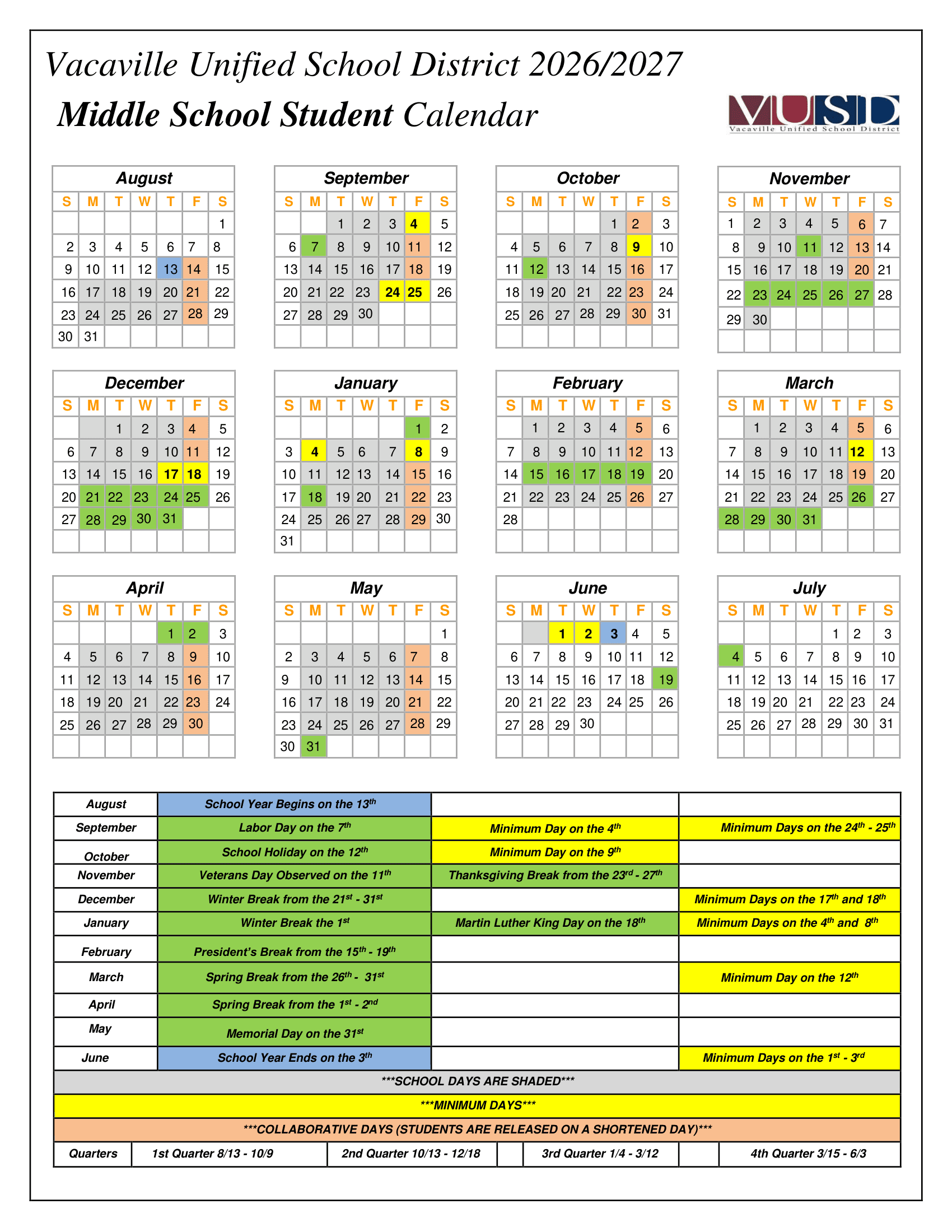 Vacaville Unified School District Calendar 26-27 Revised