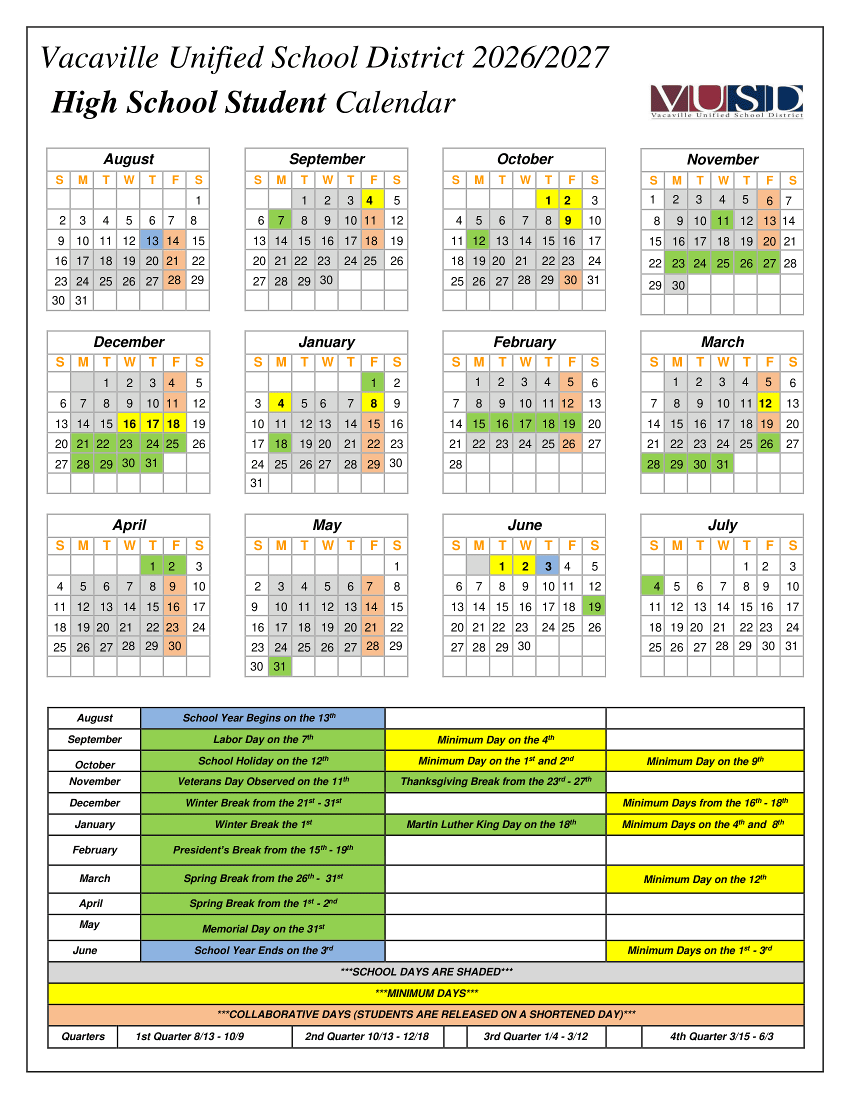 Vacaville Unified School District High School Student Calendar Calendar 26-27 Revised