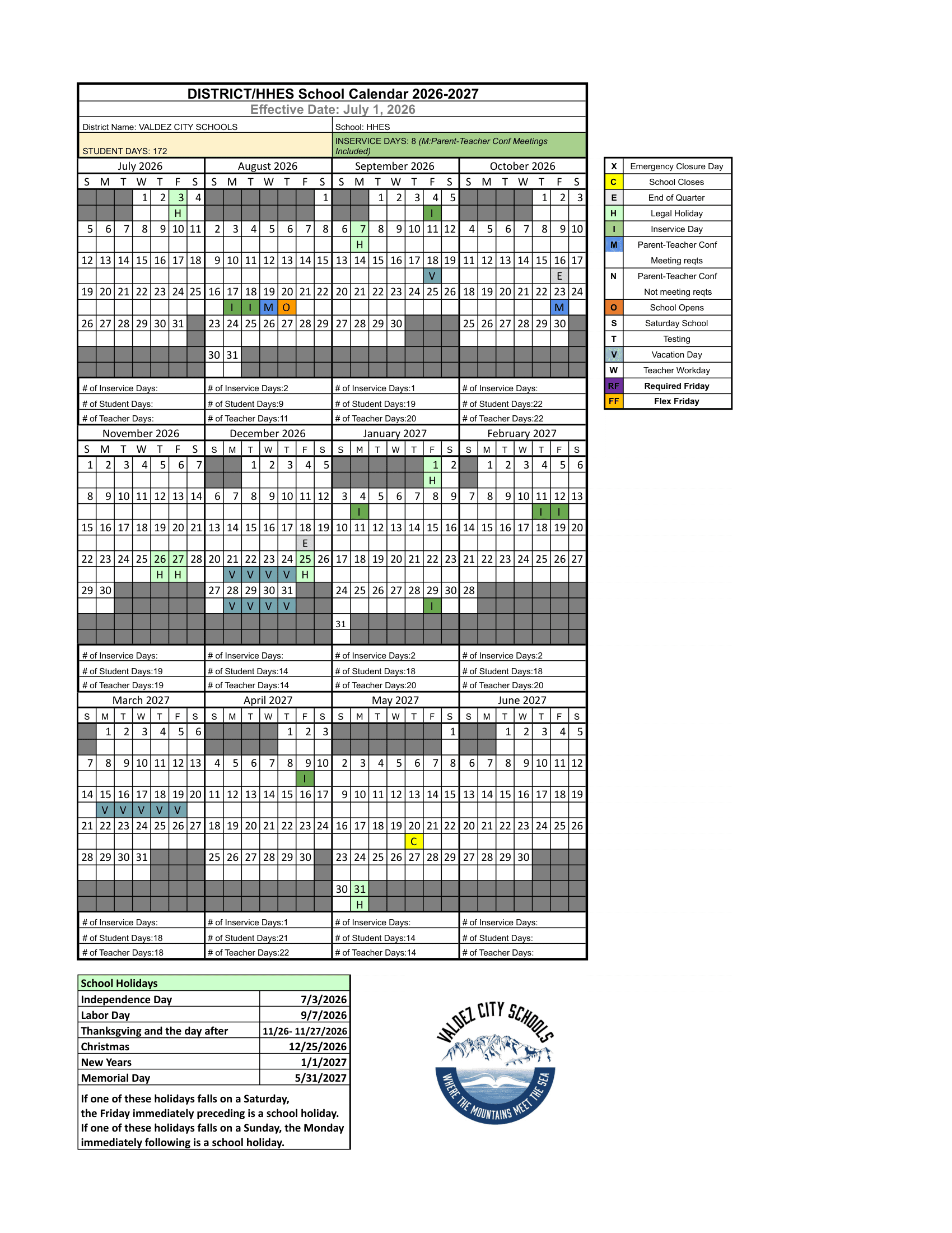Valdez City Schools (HHES) Calendar 26-27 Revised