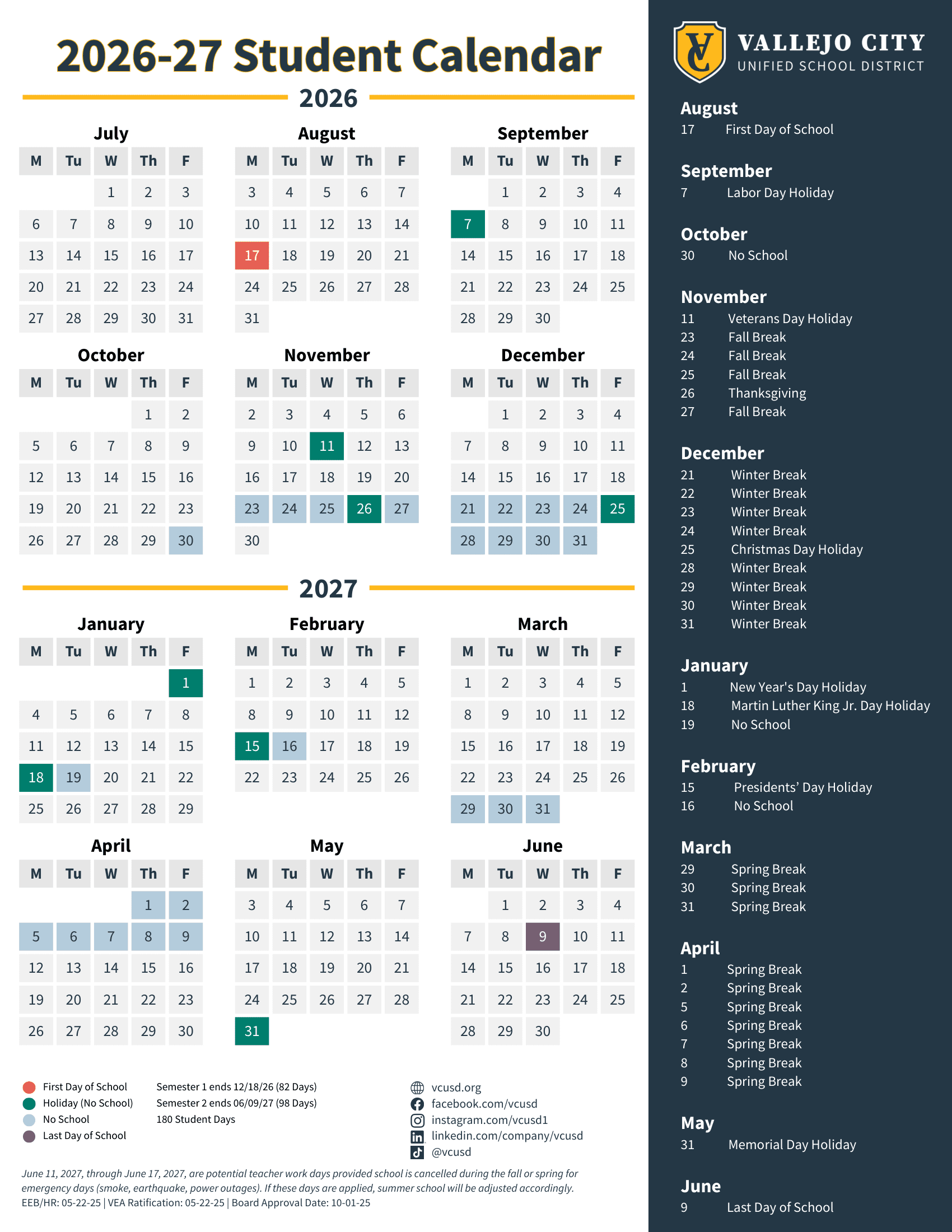 Vallejo City Unified School District Calendar 26-27 Revised