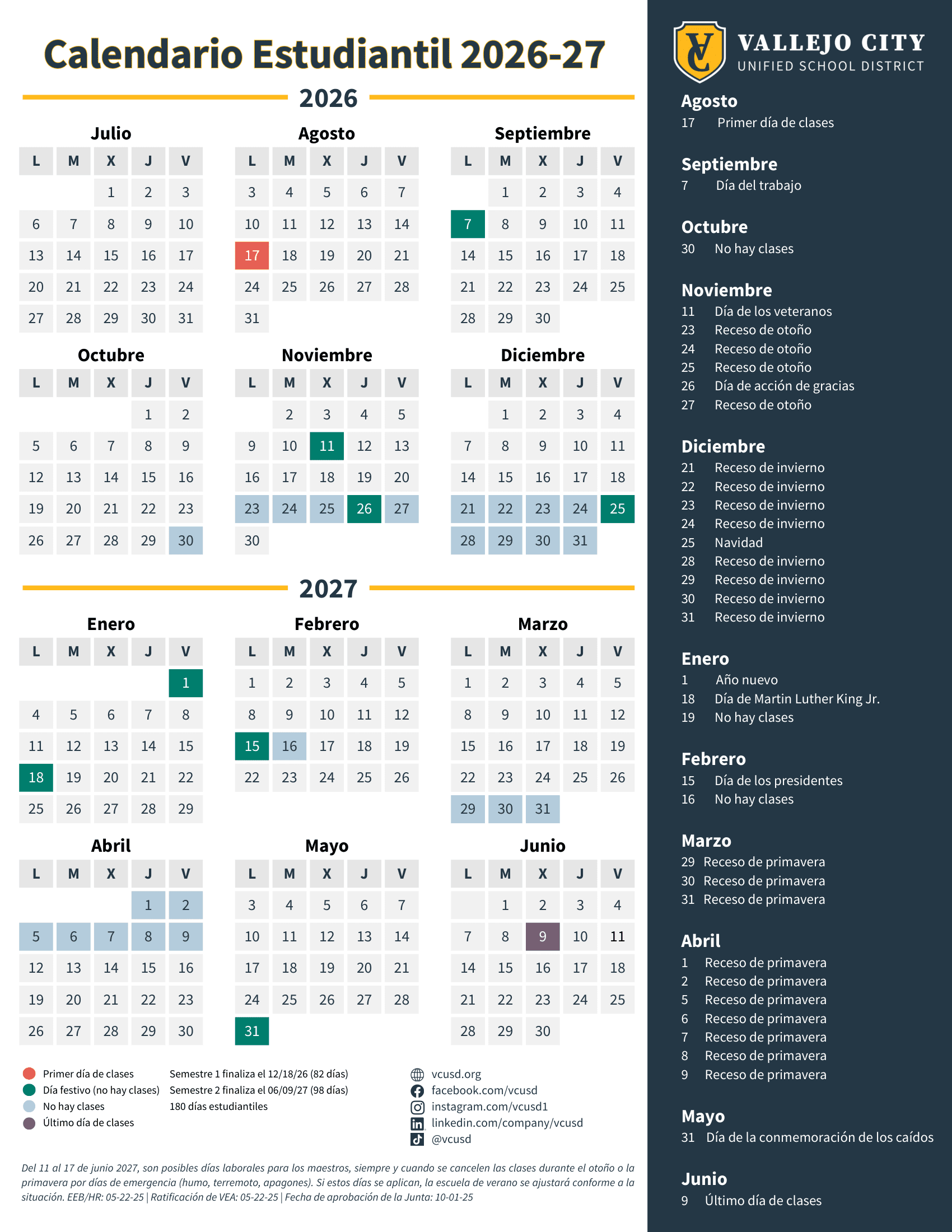 Vallejo City Unified School District Calendar 26-27 Revised