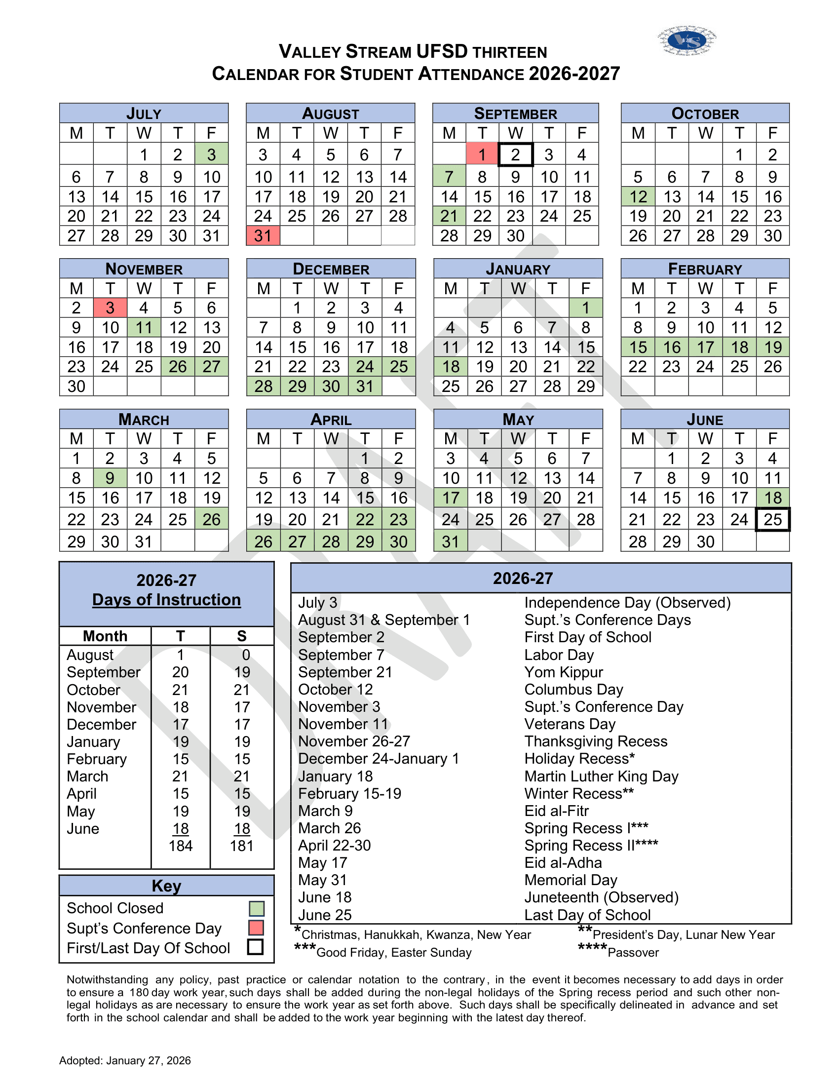 Valley Stream UFSD Thirteen Calendar 26-27 Revised