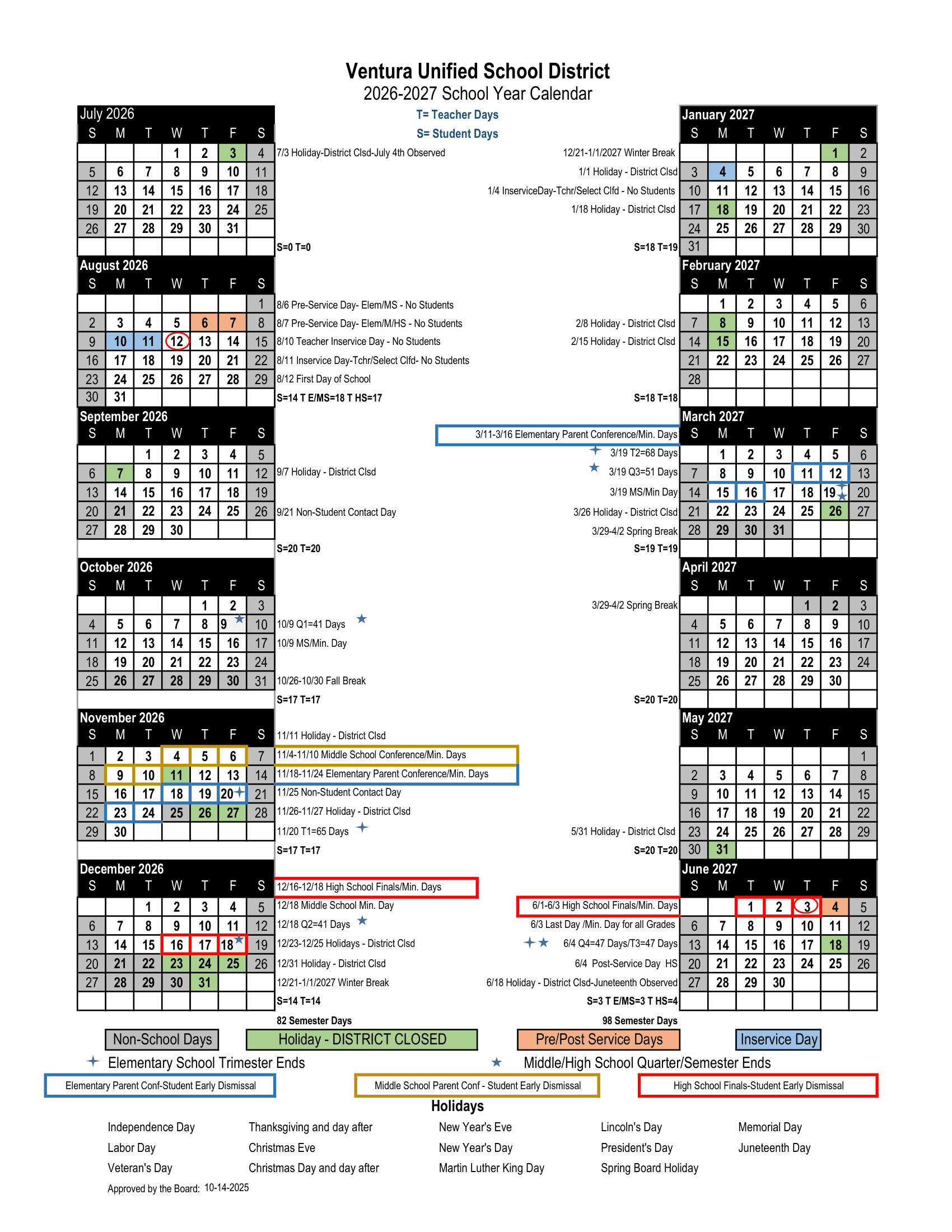 Ventura Unified School District Calendar 26-27 Revised