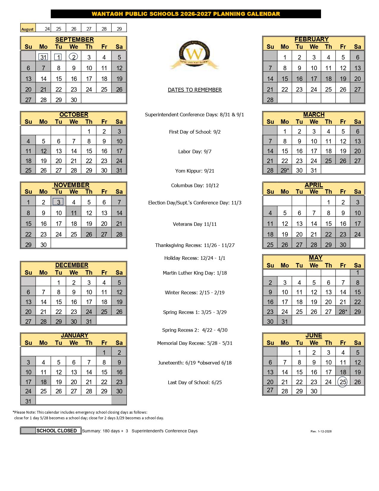 WANTAGH PUBLIC SCHOOLS Calendar 26-27 Revised