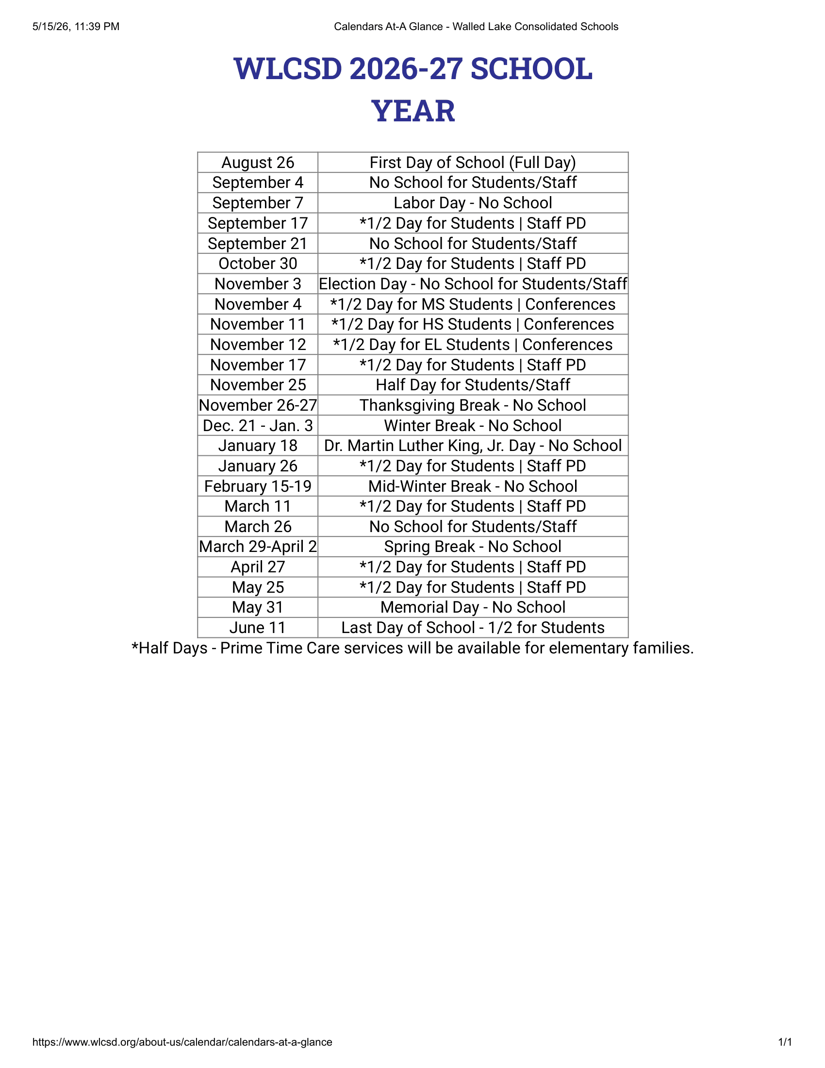 Walled Lake Consolidated Schools Calendar 26-27 Revised
