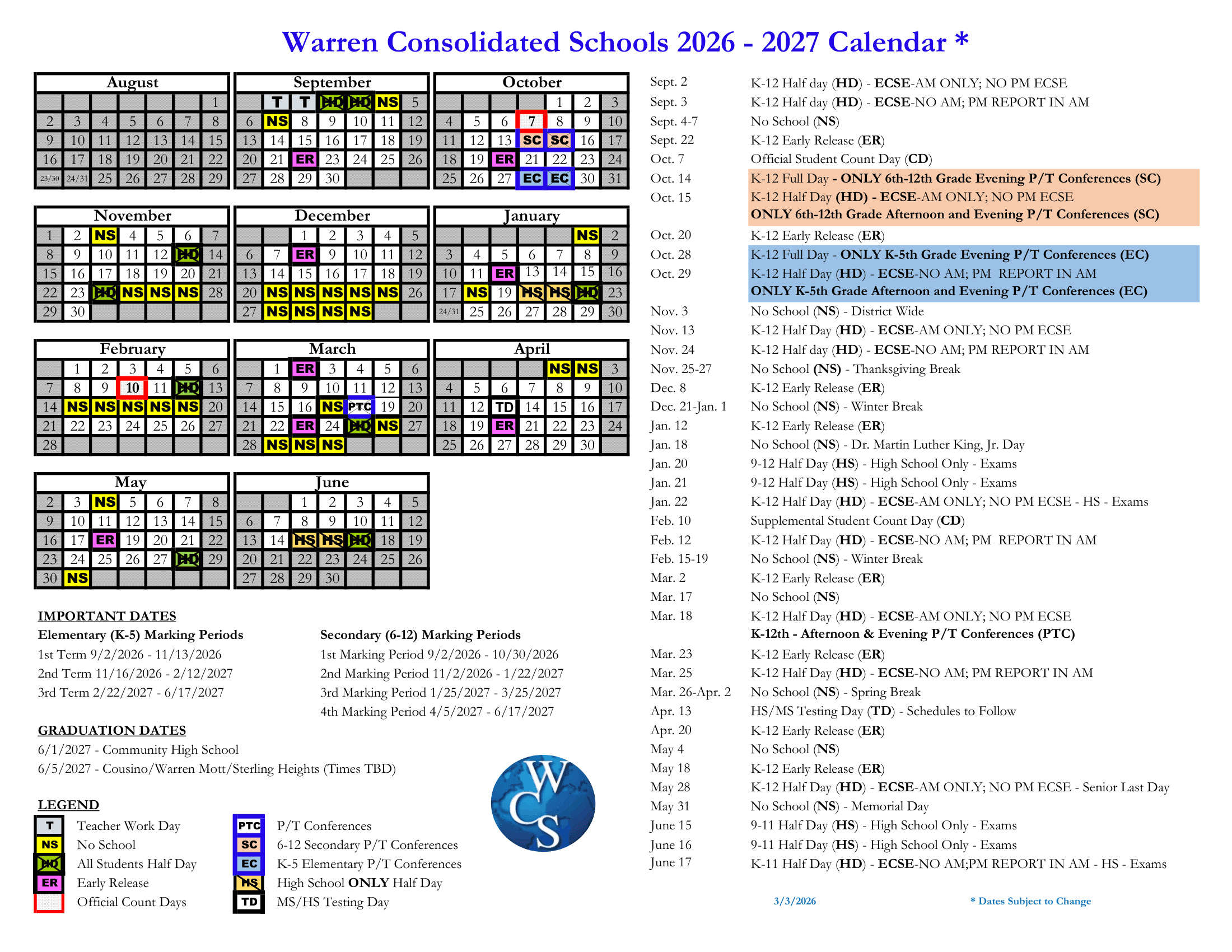 Warren Consolidated Schools Calendar 26-27 Revised