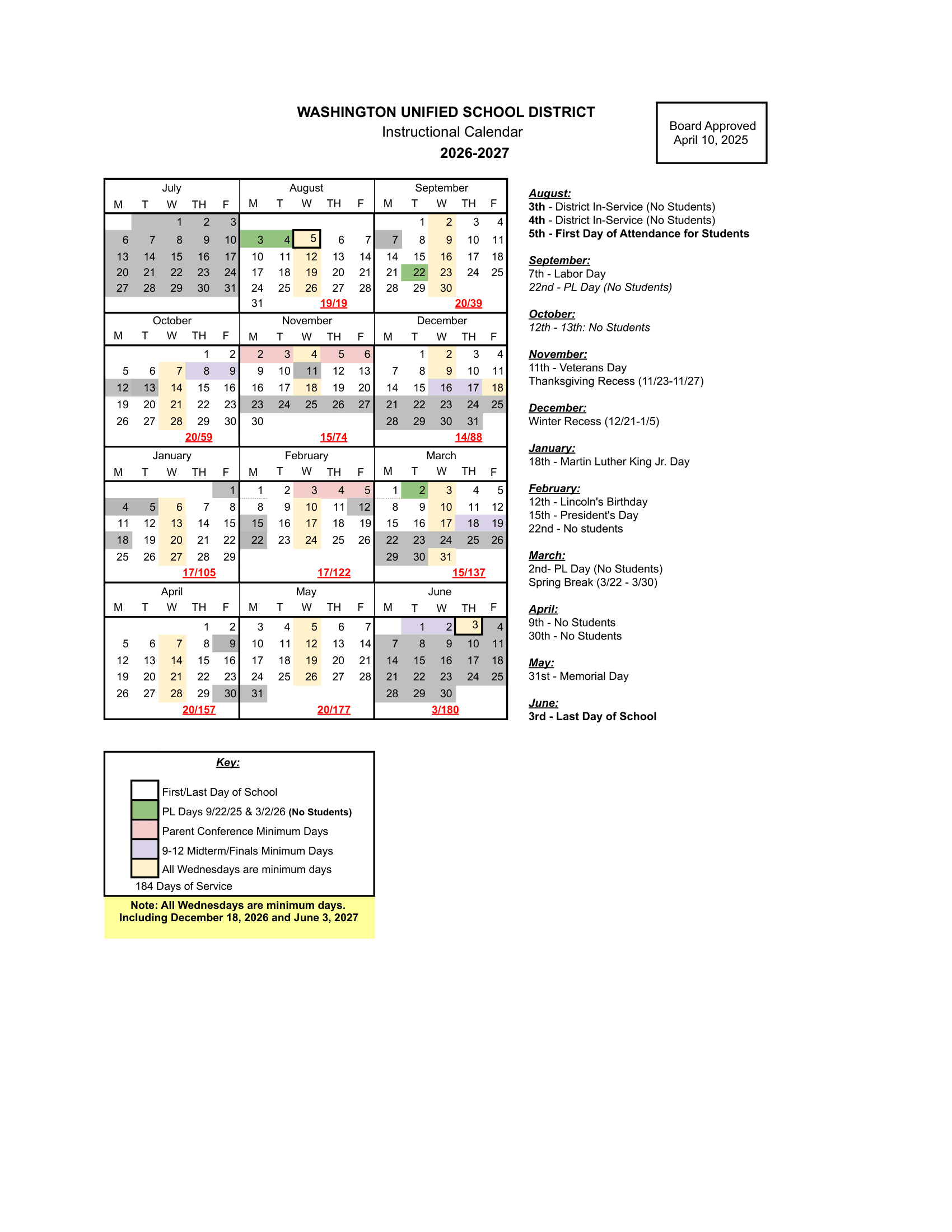 Washington Unified School District Calendar 26-27 Revised