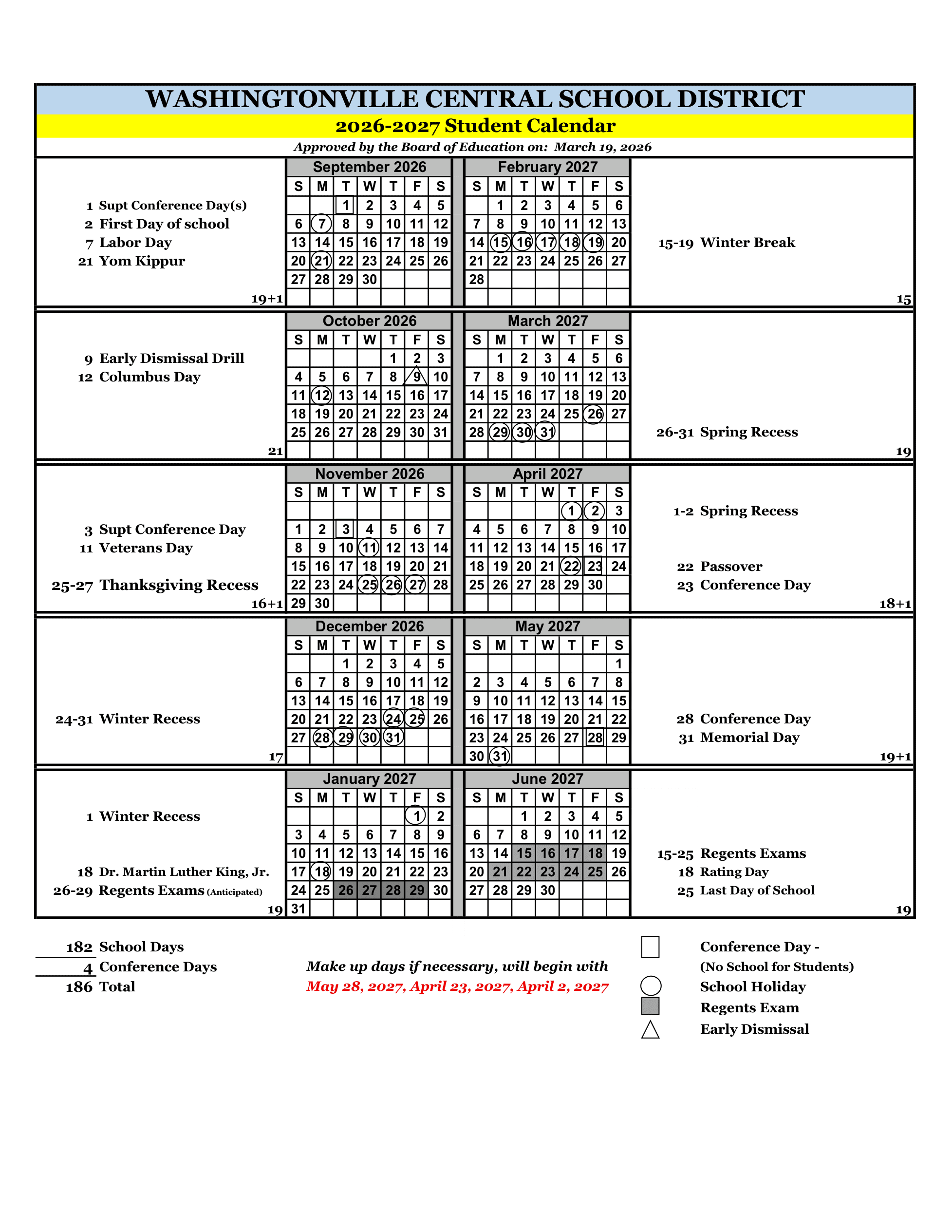Washingtonville Central School District Calendar 26-27 Revised