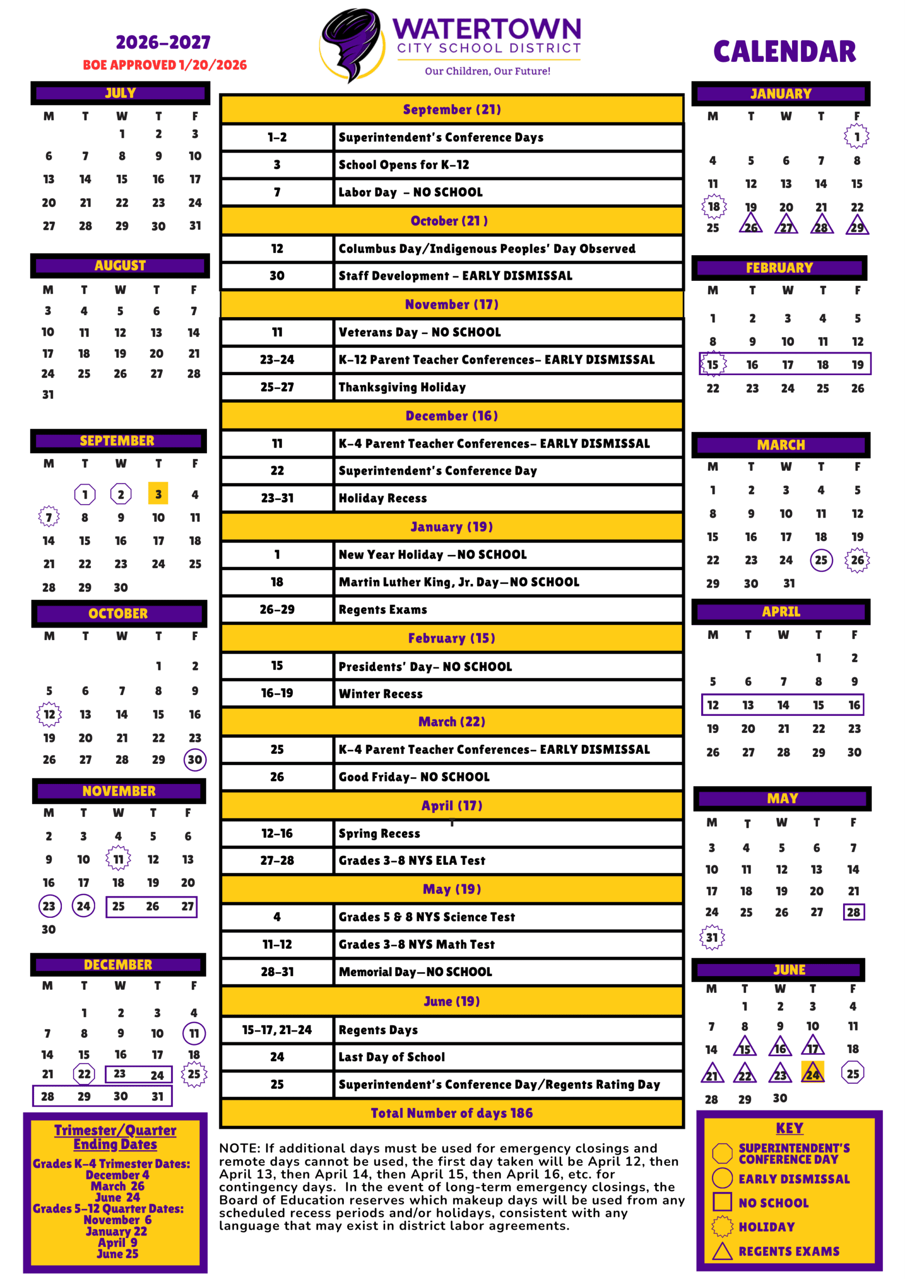 Watertown City School District Calendar 26-27 Revised