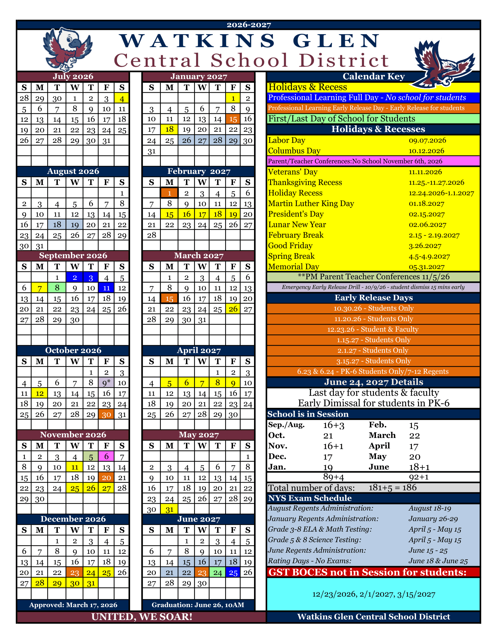 Watkins Glen Central School District Calendar 26-27 Revised