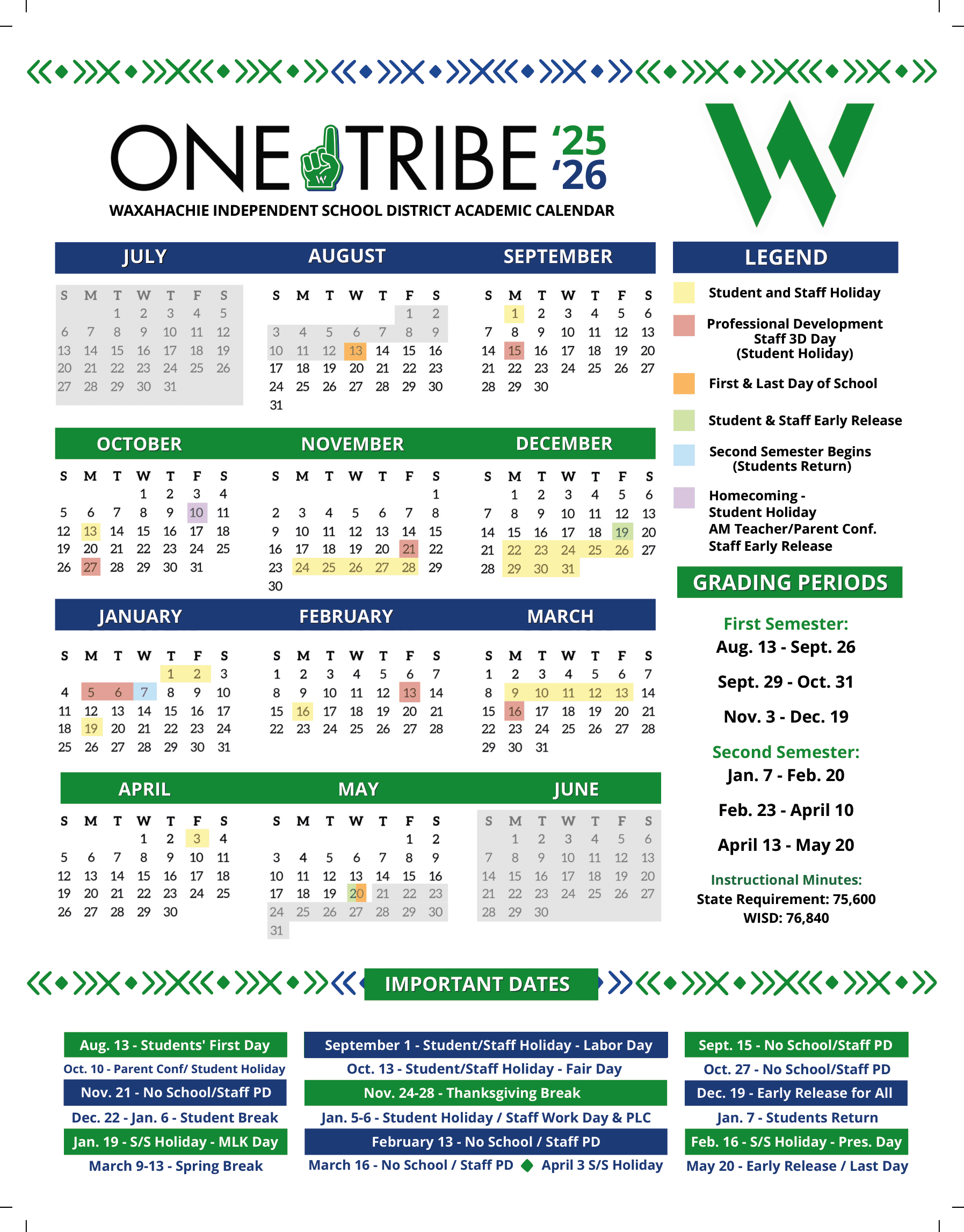 Waxahachie Independent School District Calendar 25-26 Revised PDF