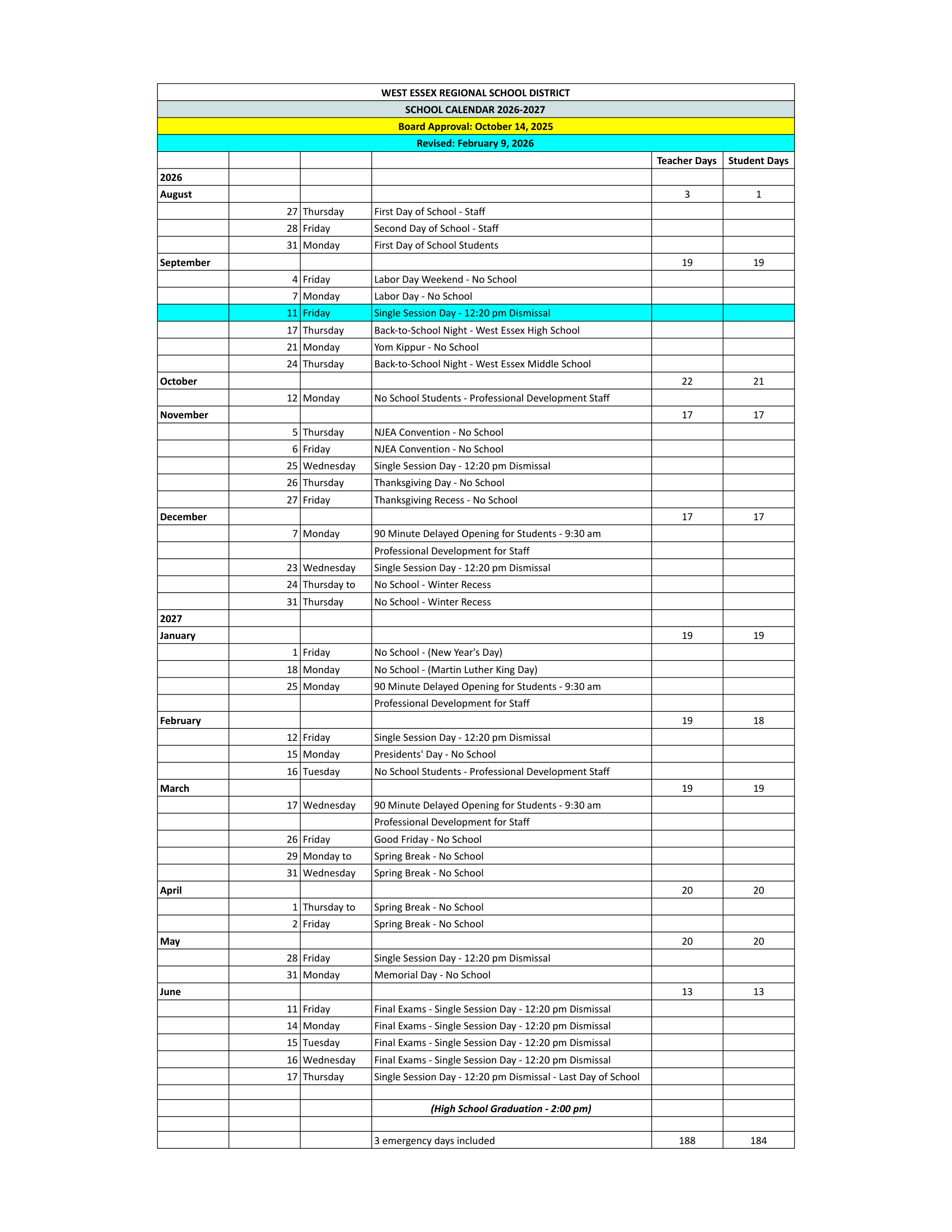 West Essex Regional School District Calendar 26-27 Revised
