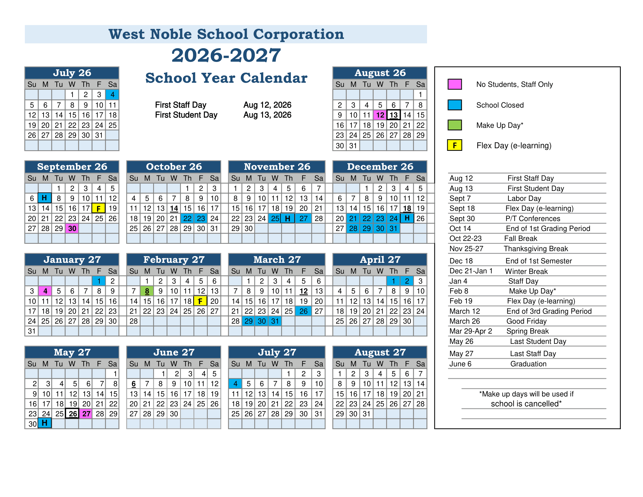 West Noble School Corporation Calendar 26-27 Revised