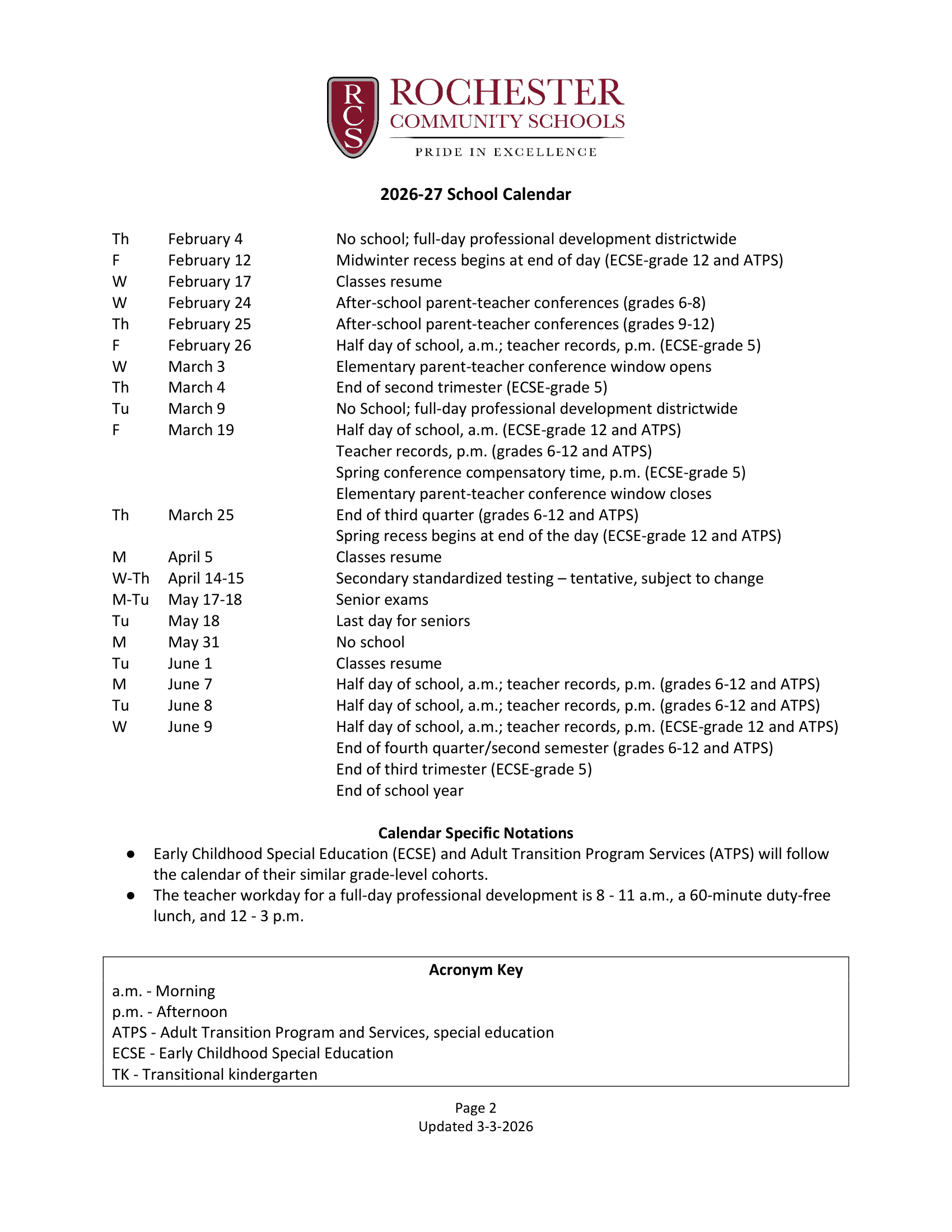 Rochester Community Schools Calendar 26-27 Revised