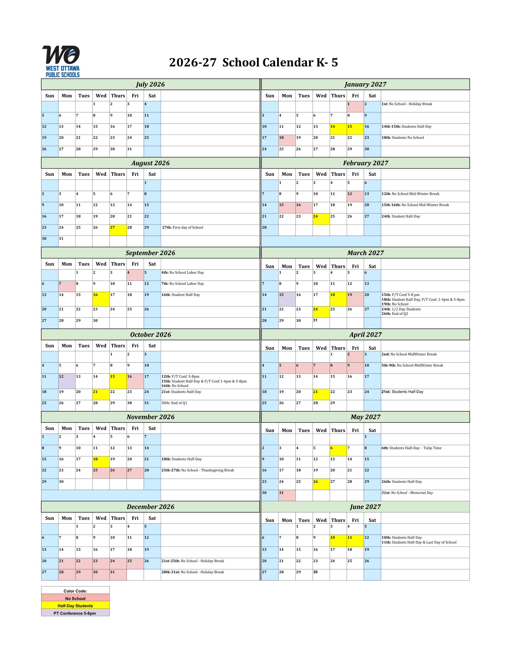 West Ottawa Public Schools Calendar 26-27 Revised