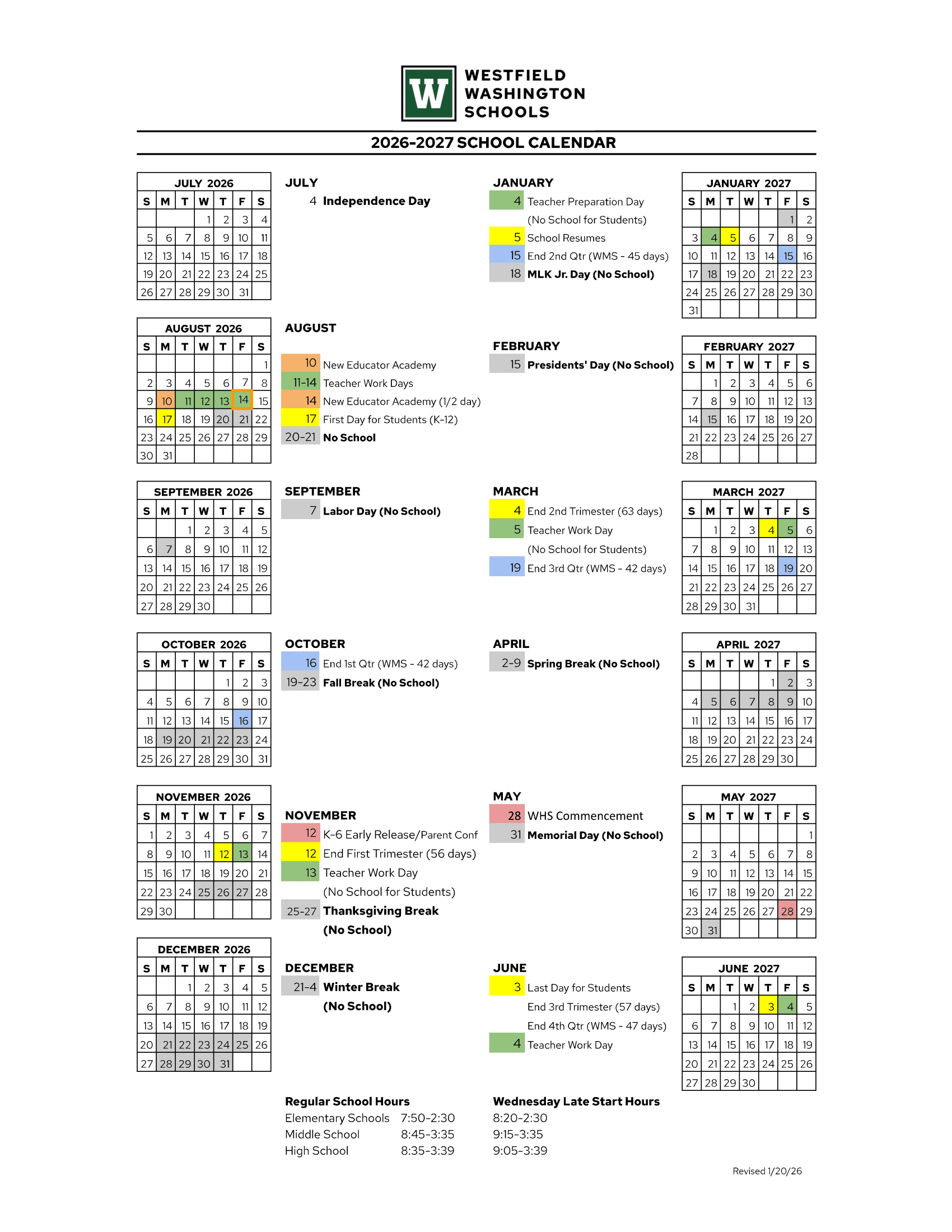 Westfield Washington Schools Calendar 26-27 Revised