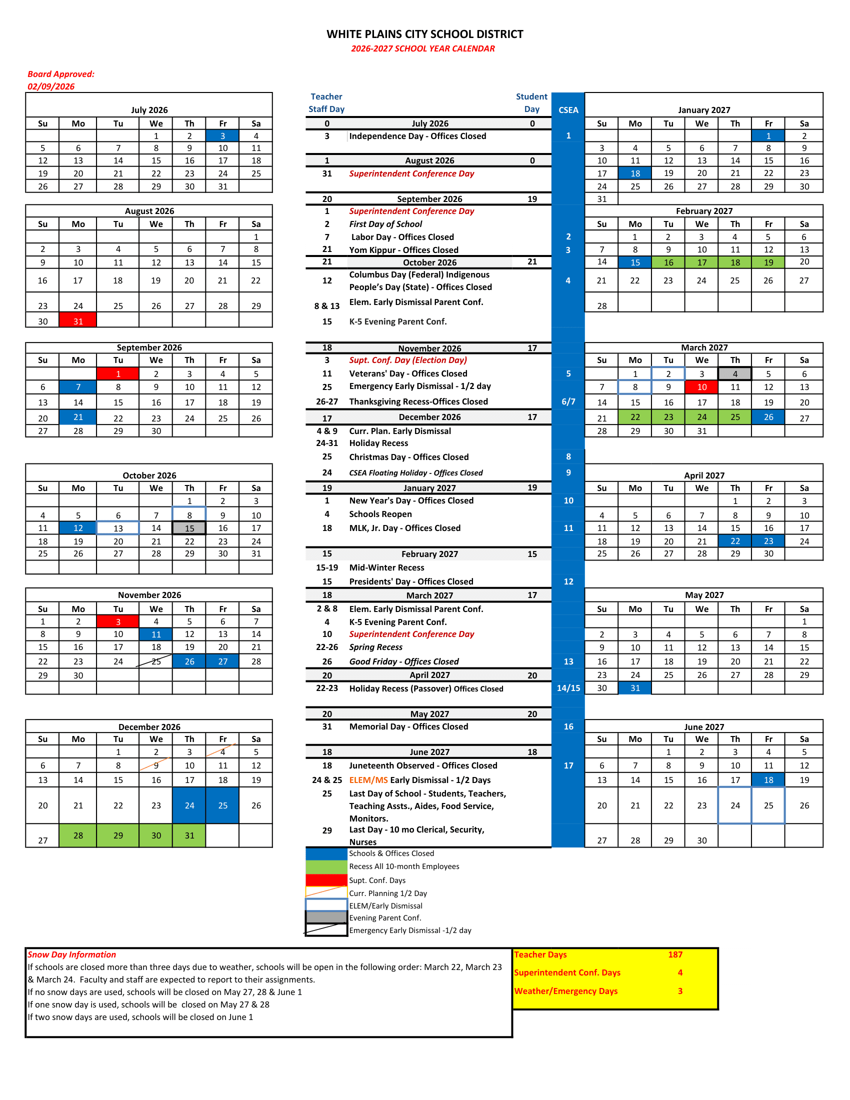 White Plains City School District Calendar 26-27 Revised