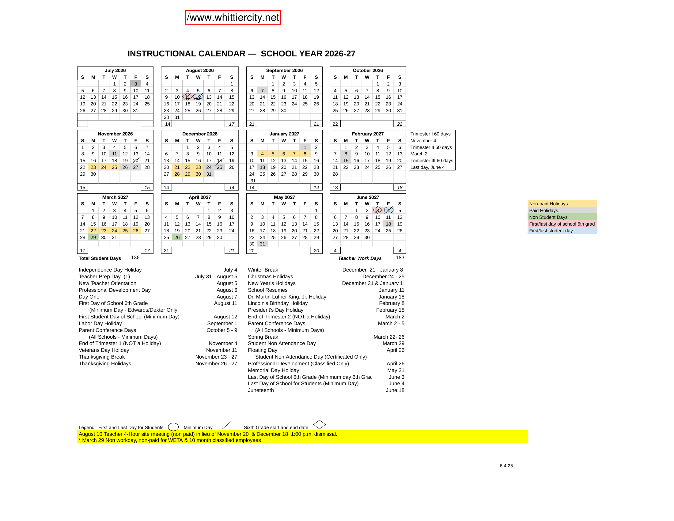 Whittier City School District Calendar 26-27 Revised
