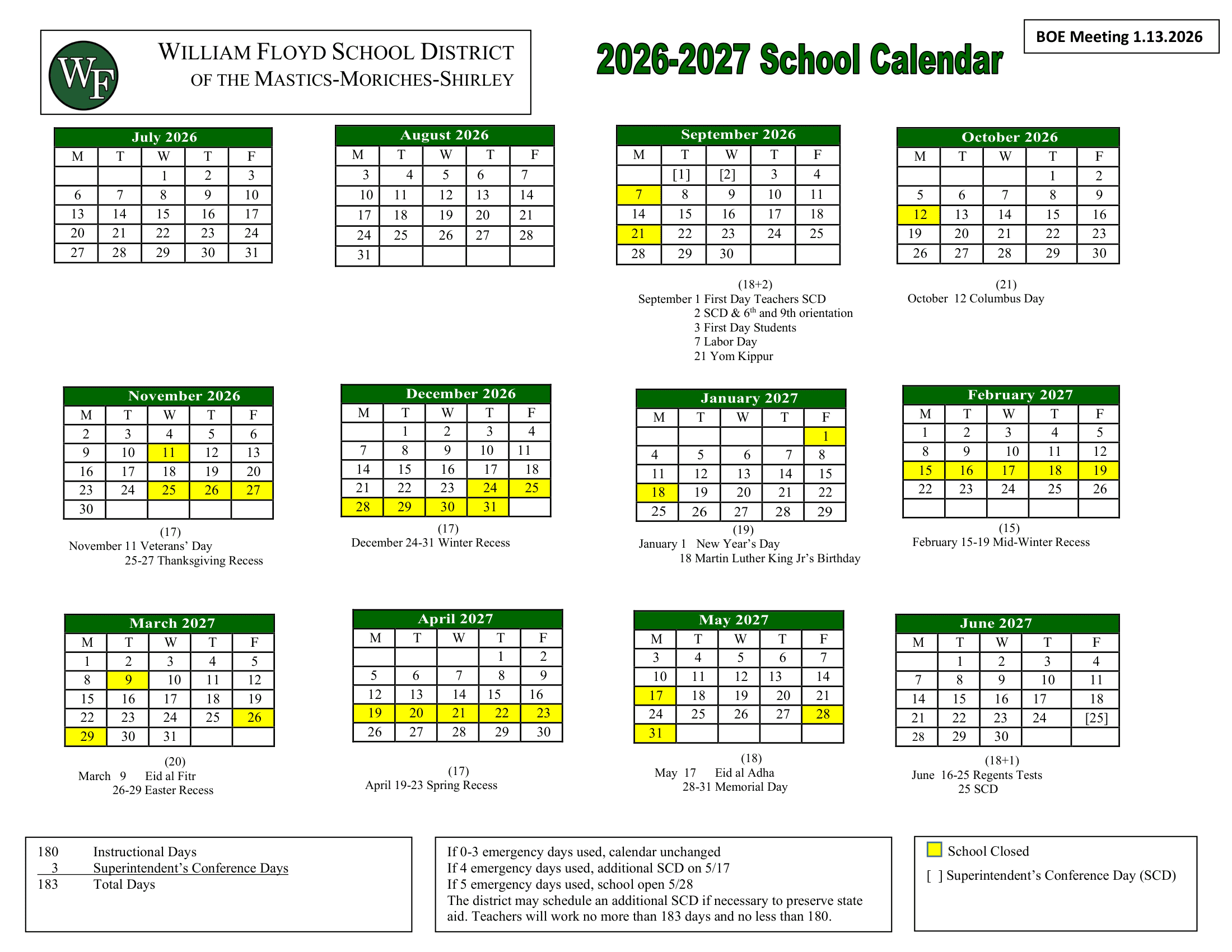 William Floyd School District of the Mastics-Moriches-Shirley Calendar 26-27 Revised