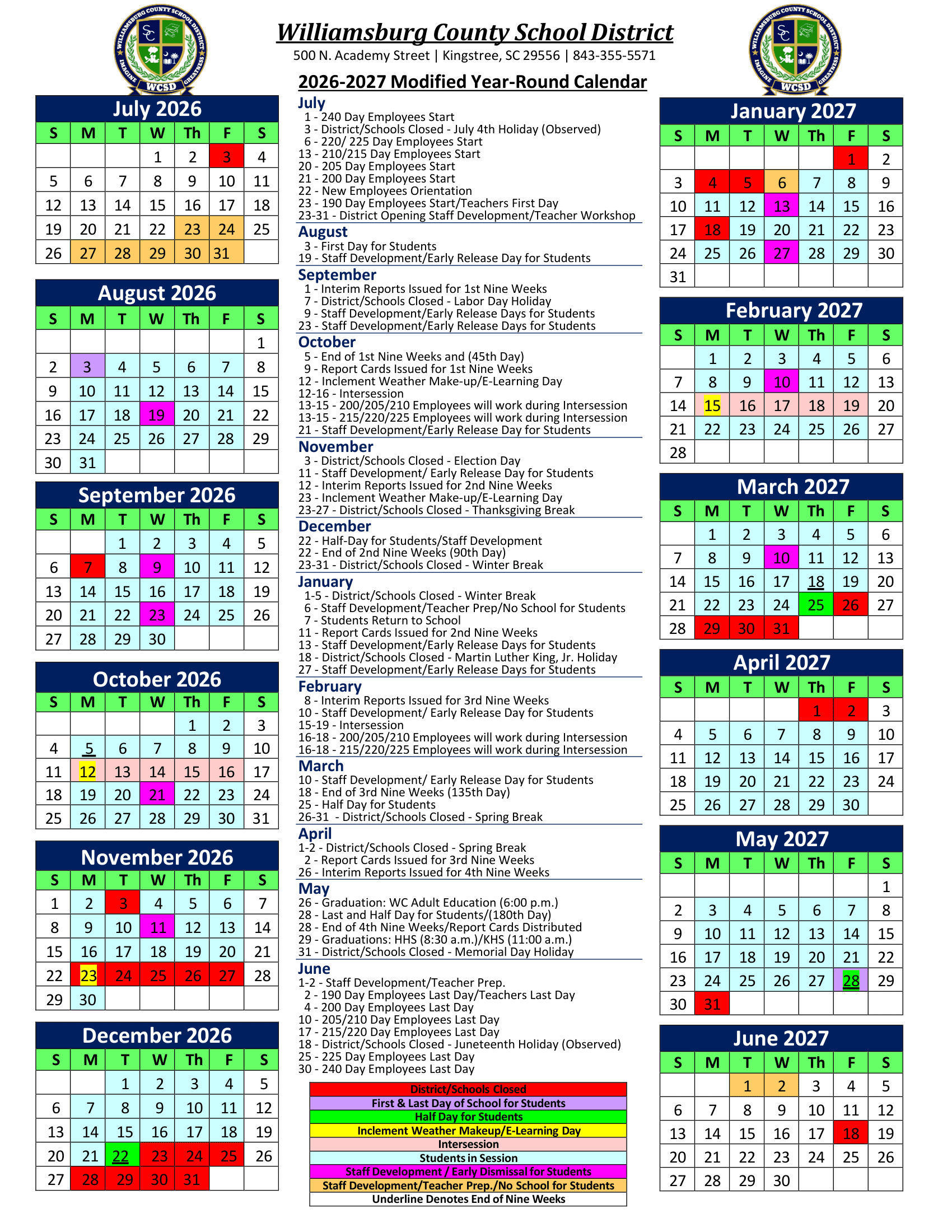 Williamsburg County School District Calendar 26-27 Revised
