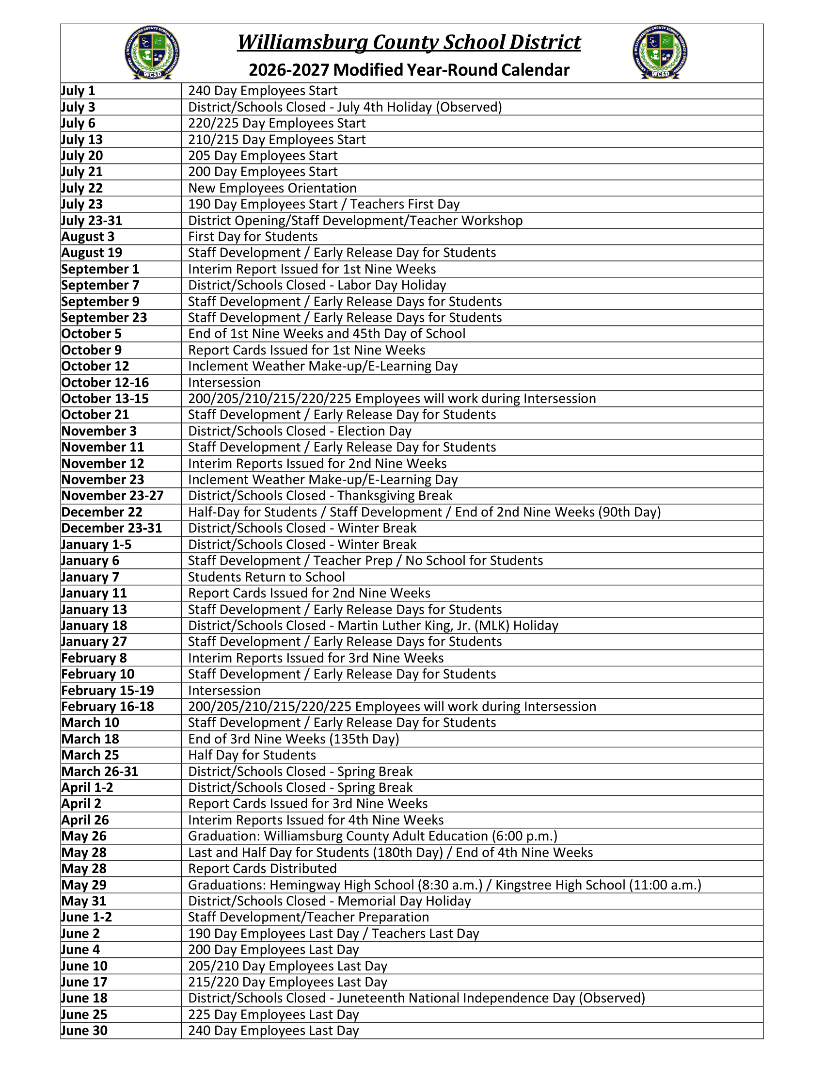Williamsburg County School District Calendar 26-27 Revised