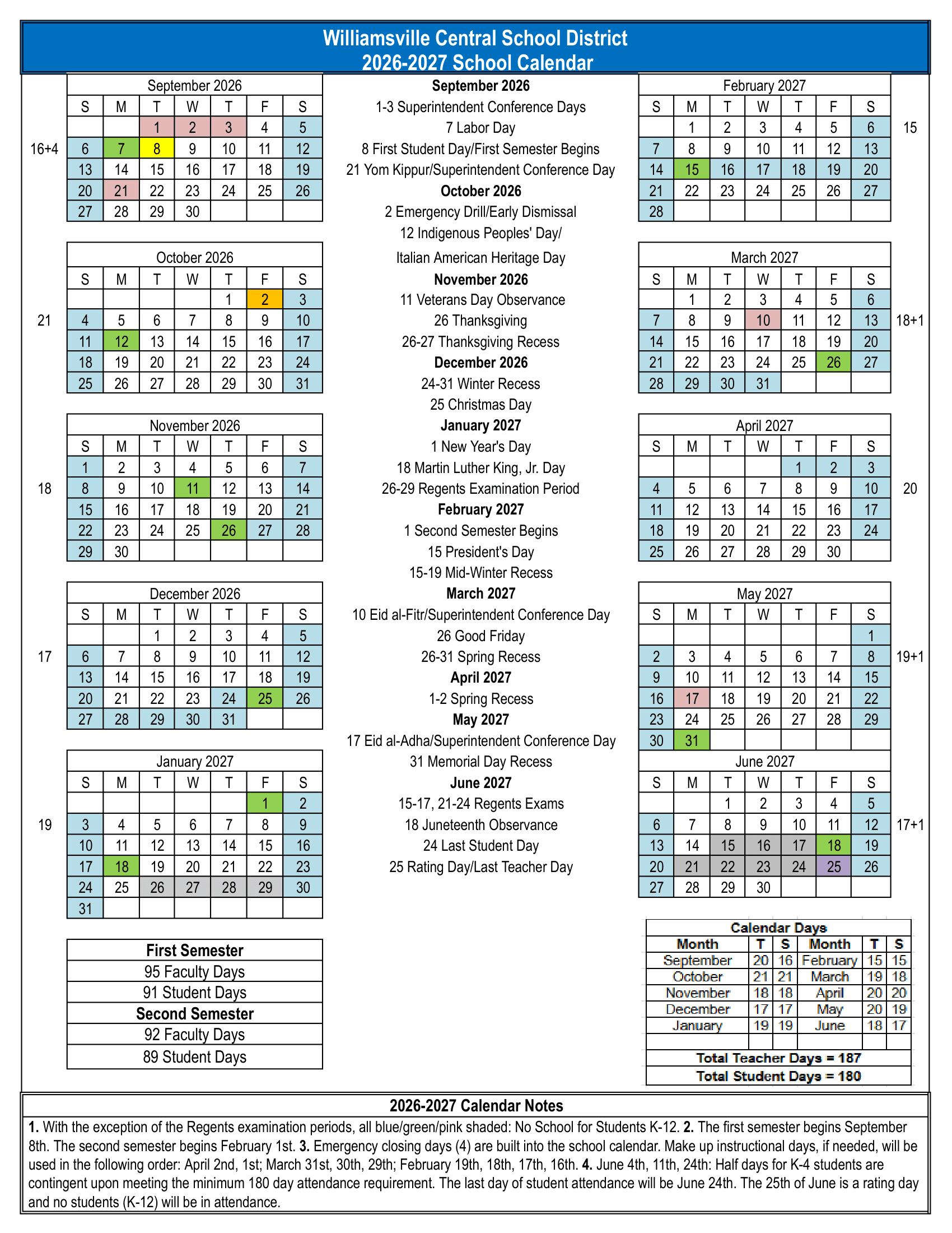 Williamsville Central School District Calendar 26-27 Revised