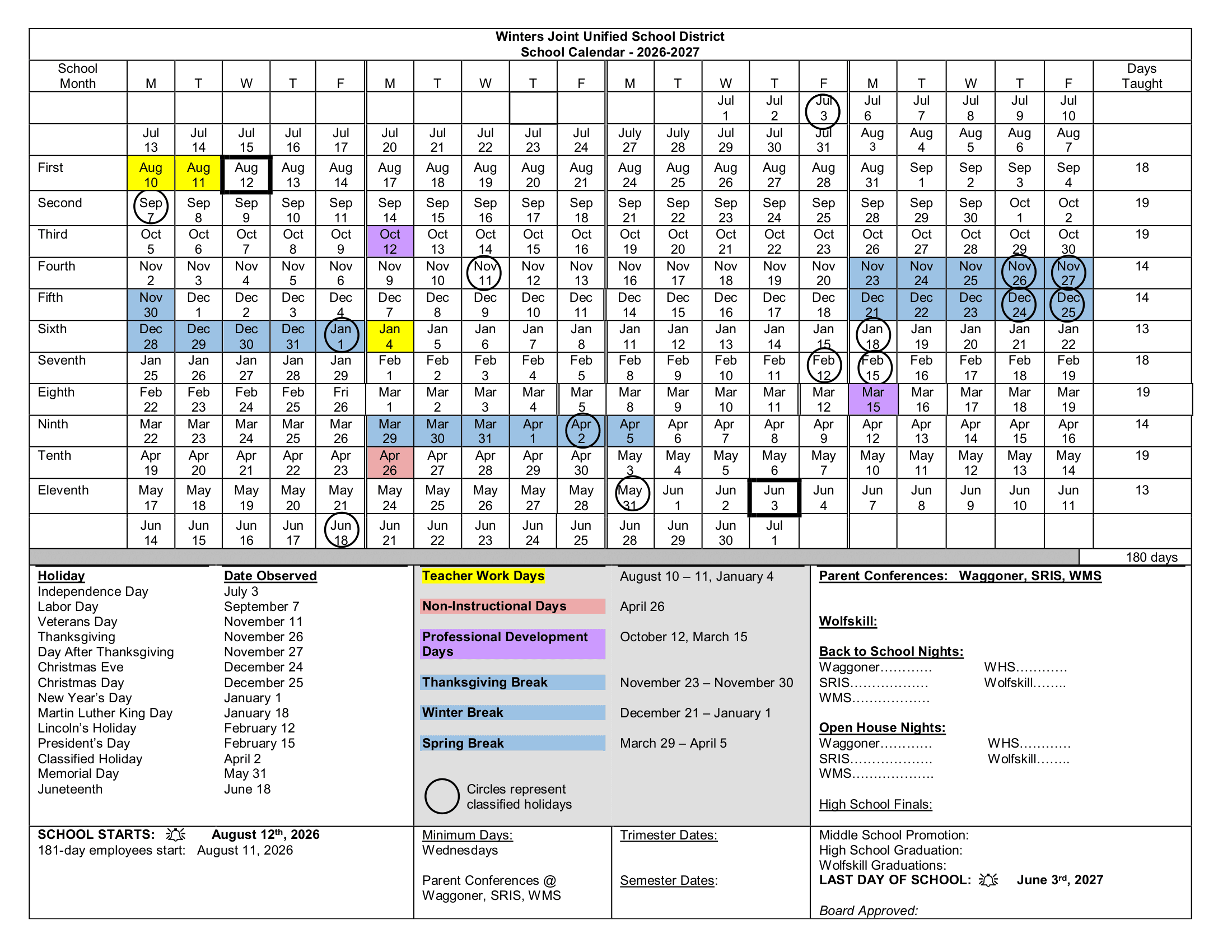 Winters Joint Unified School District Calendar 26-27 Revised