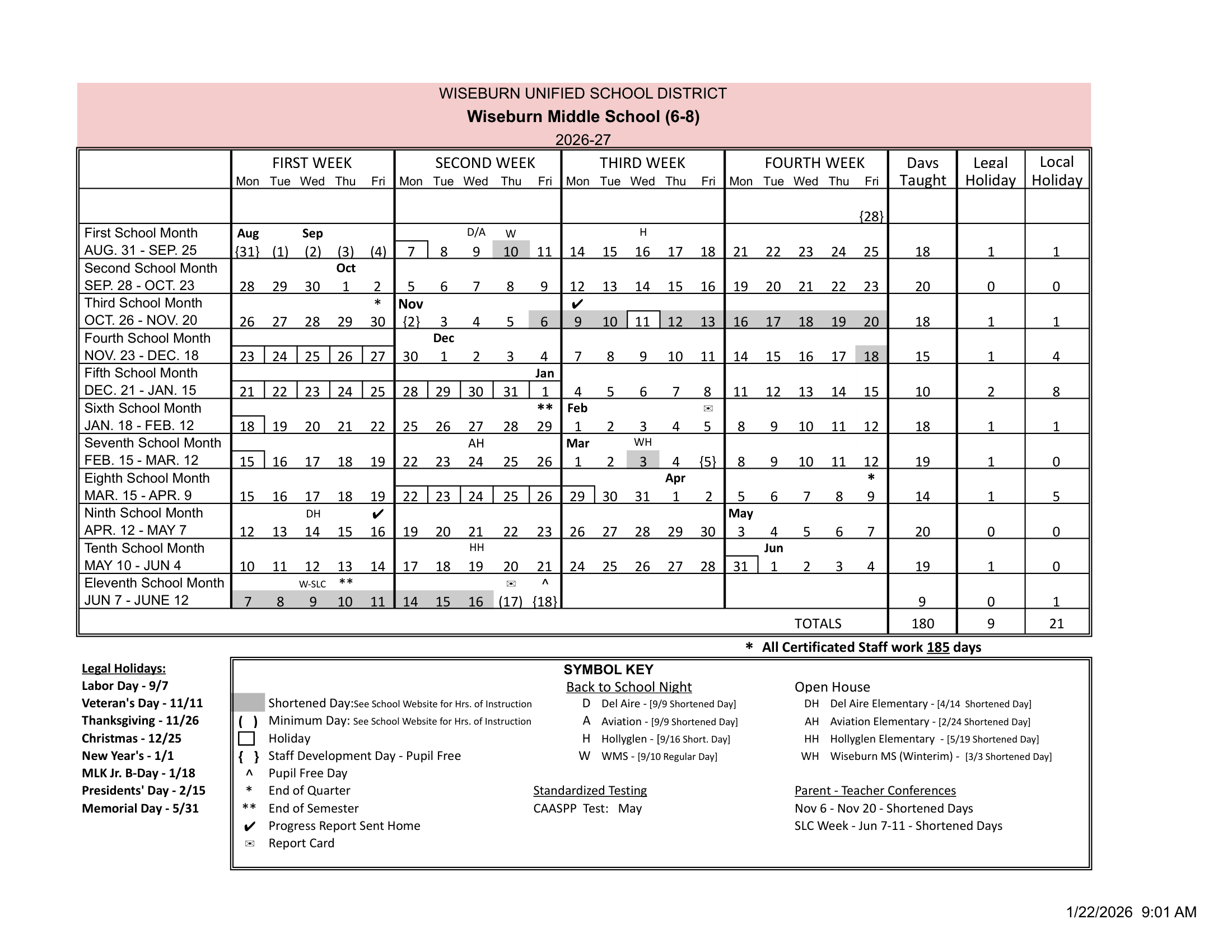 Wiseburn Middle School (6-8) Calendar 26-27 Revised