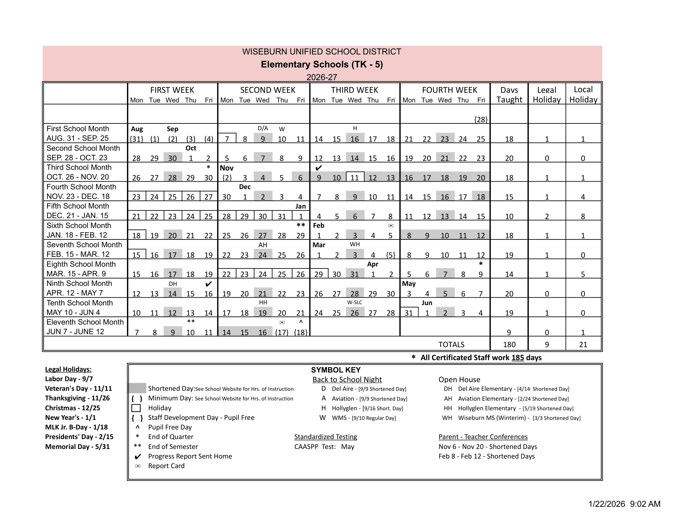 Wiseburn Unified School District Calendar 26-27 Revised