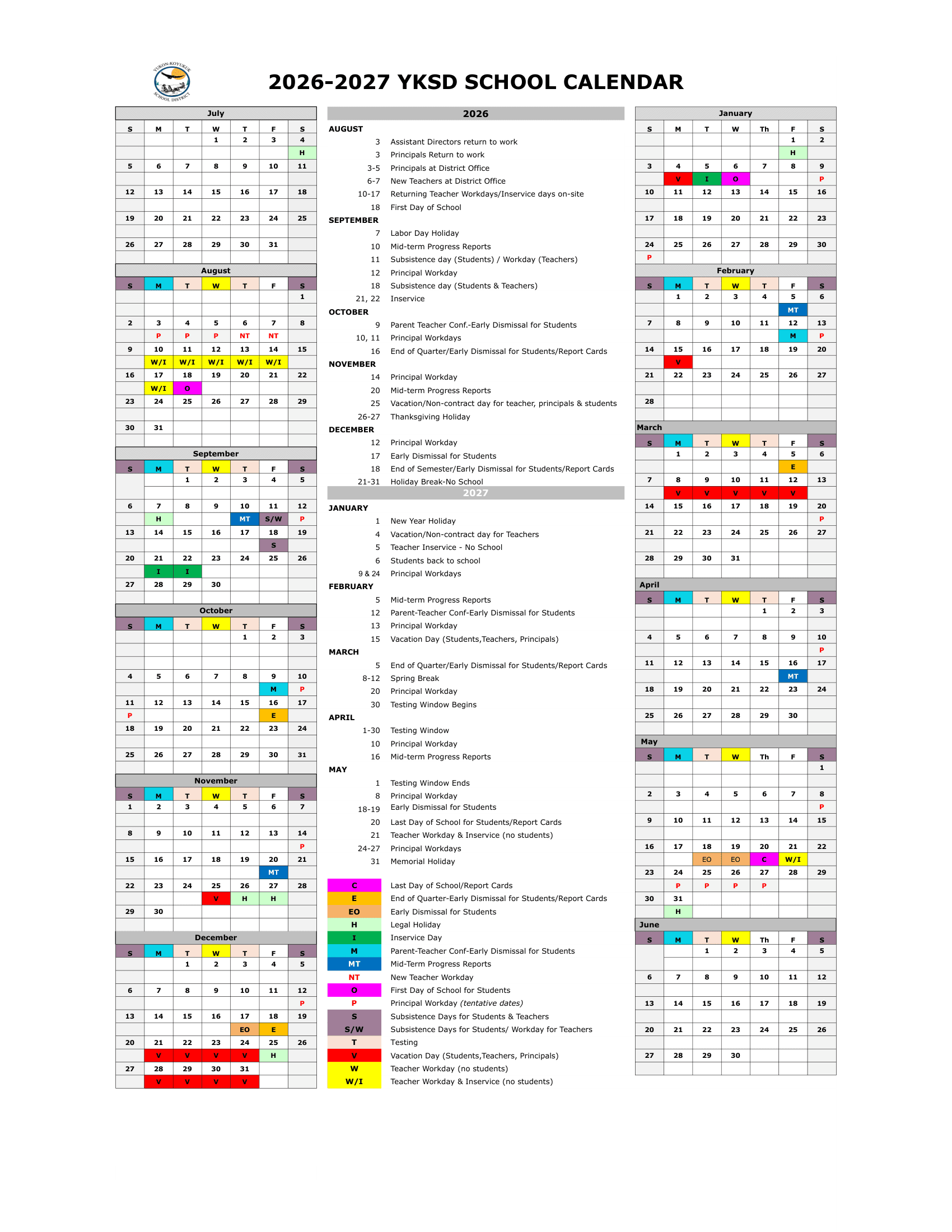 YKSD School Calendar Calendar 26-27 Revised
