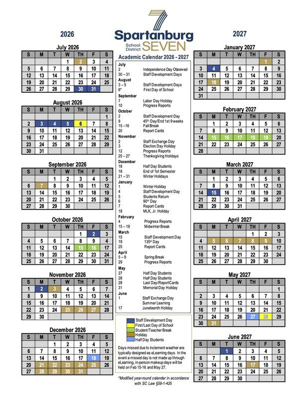 Spartanburg School District Seven Calendar 26-27 Revised