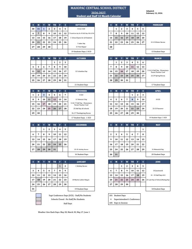 Mahopac Central School District Calendar 26-27 Revised