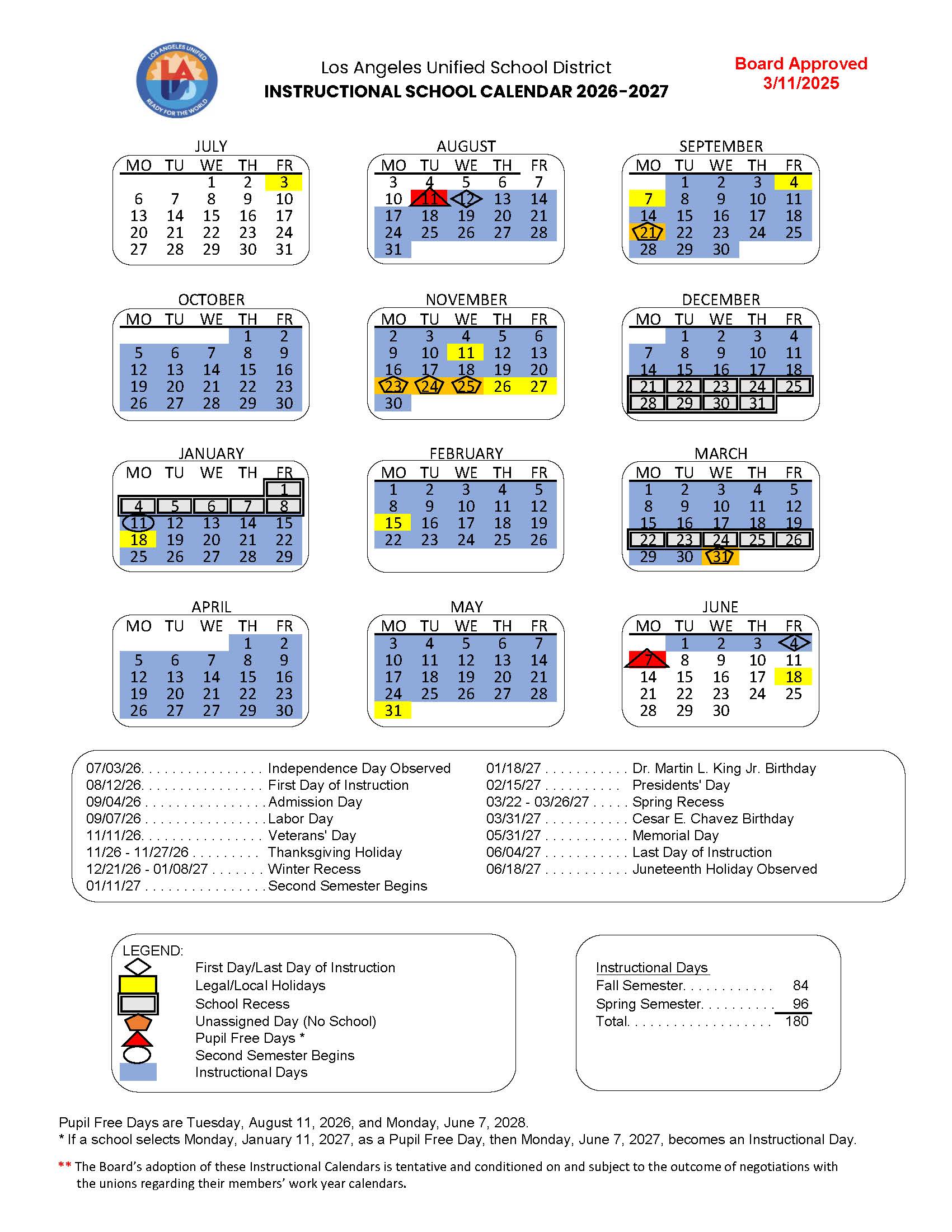 Los Angeles Unified School District Calendar 26-27 Revised