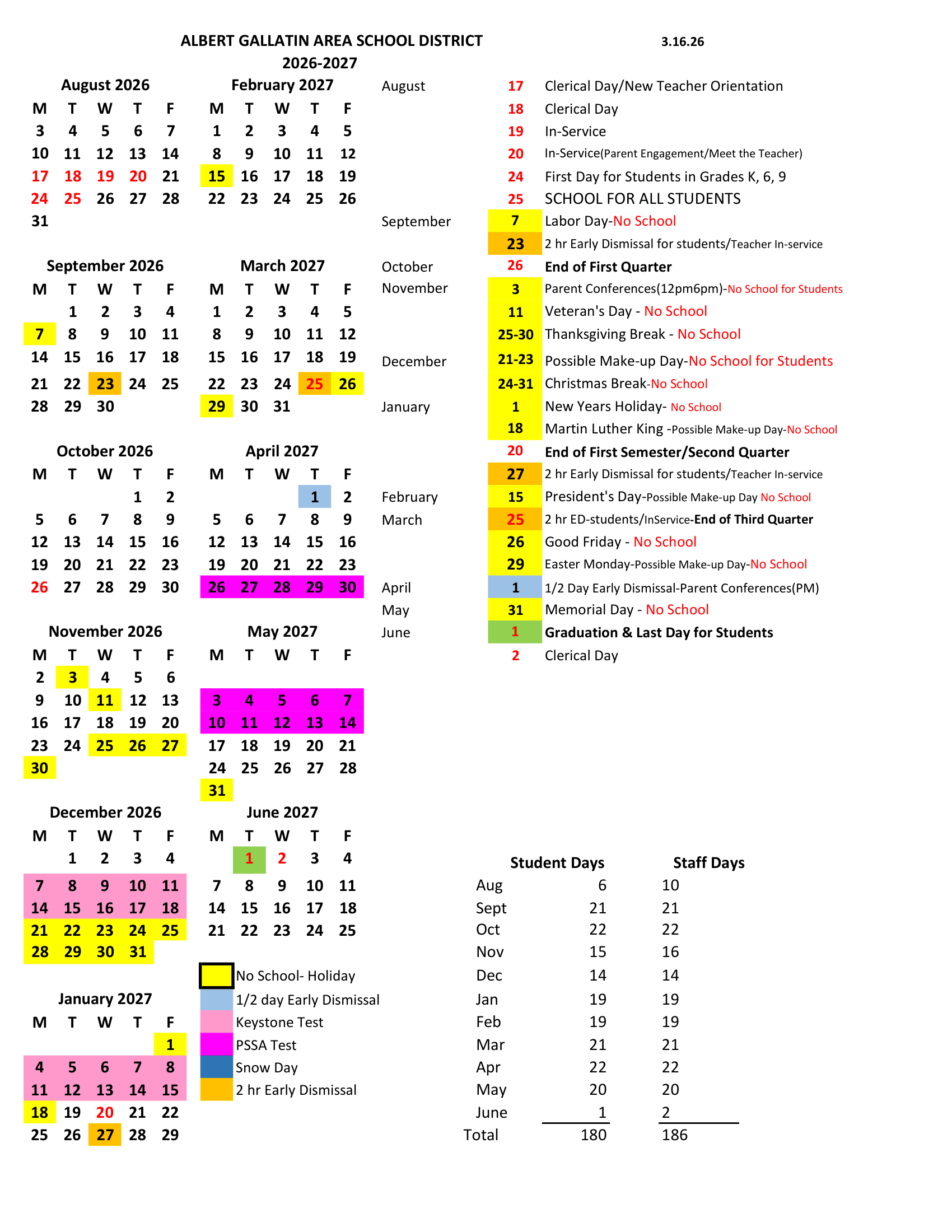 ALBERT GALLATIN AREA SCHOOL DISTRICT Calendar 26-27 Revised