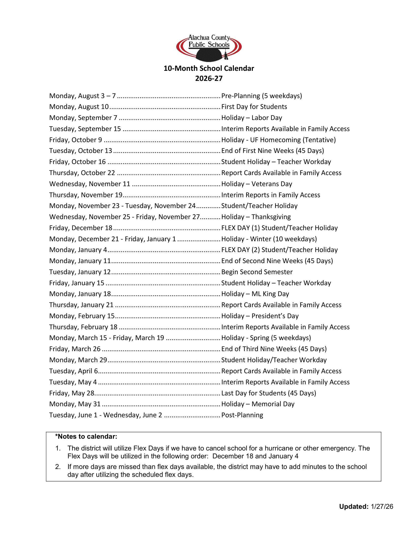 Alachua County Public Schools Calendar 26-27 Revised